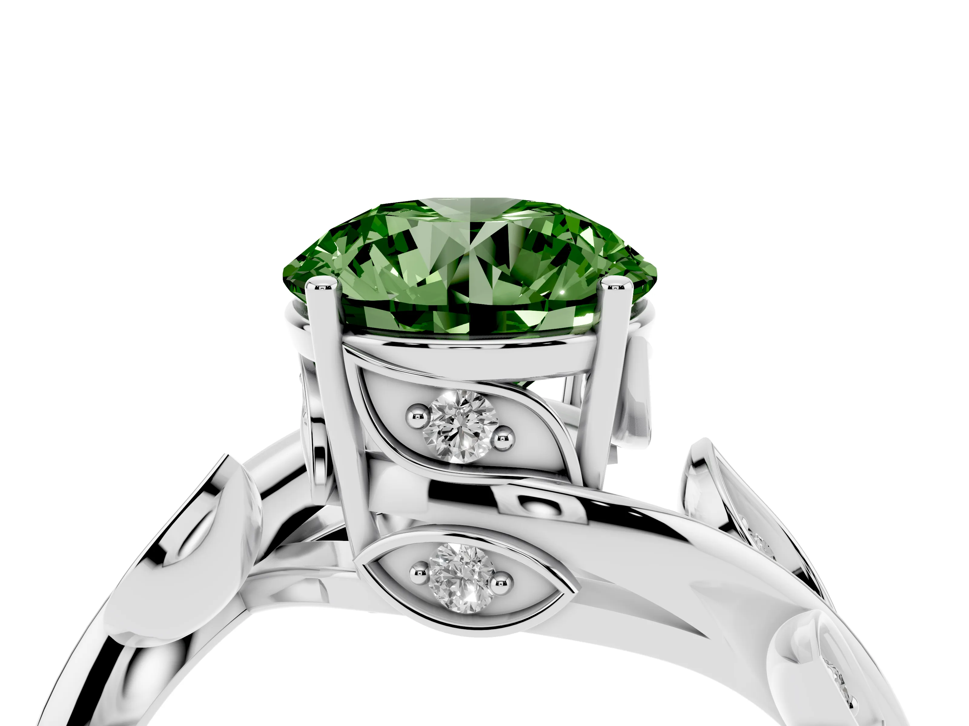 Fancy Green Round Cut Diamond Solitaire Twist Engagement Ring Set in Silver with Pavé Leaf Accents