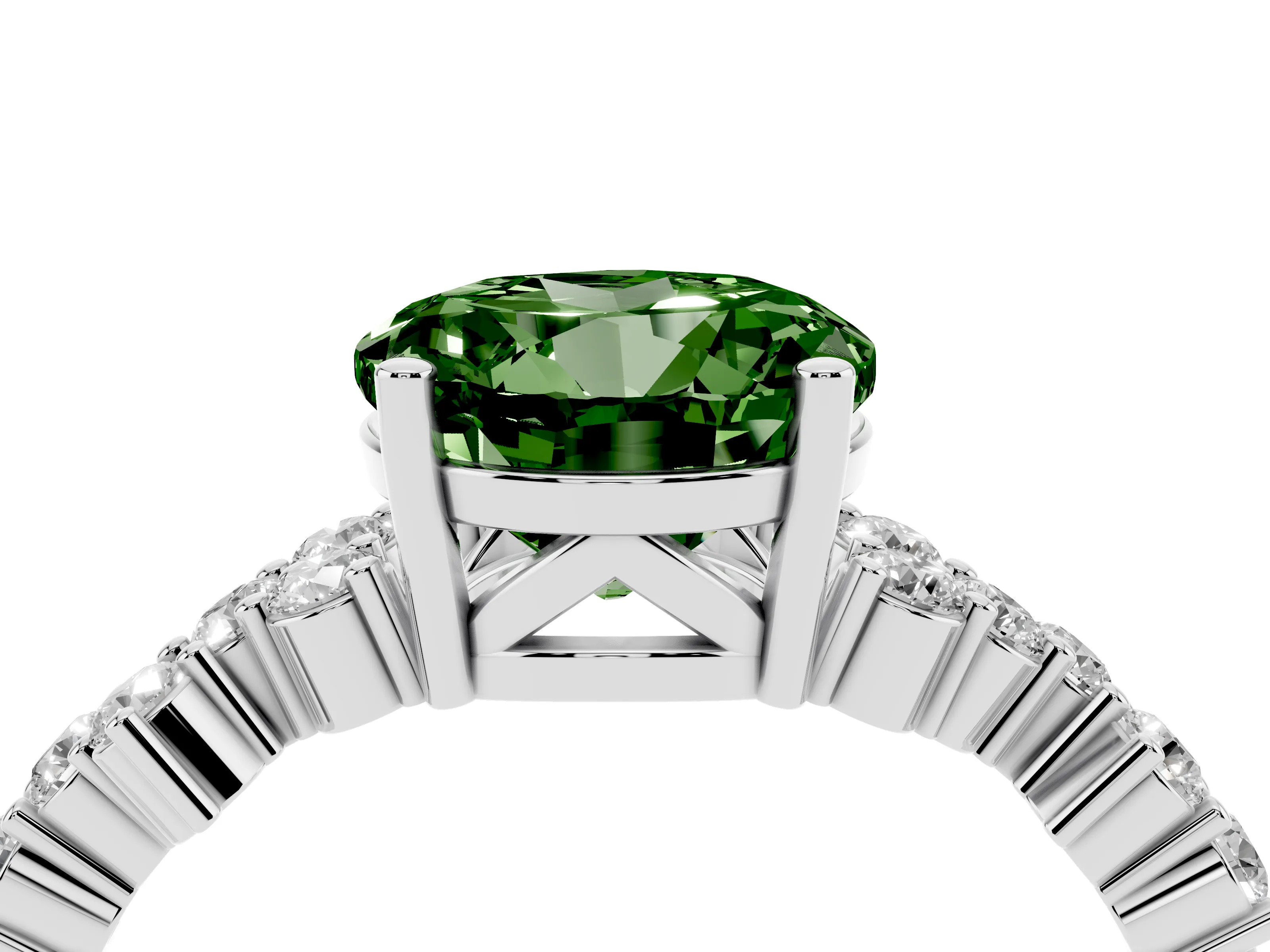 Fancy Green Round Cut Diamond Ring Set in White gold with Scattered Round Accents