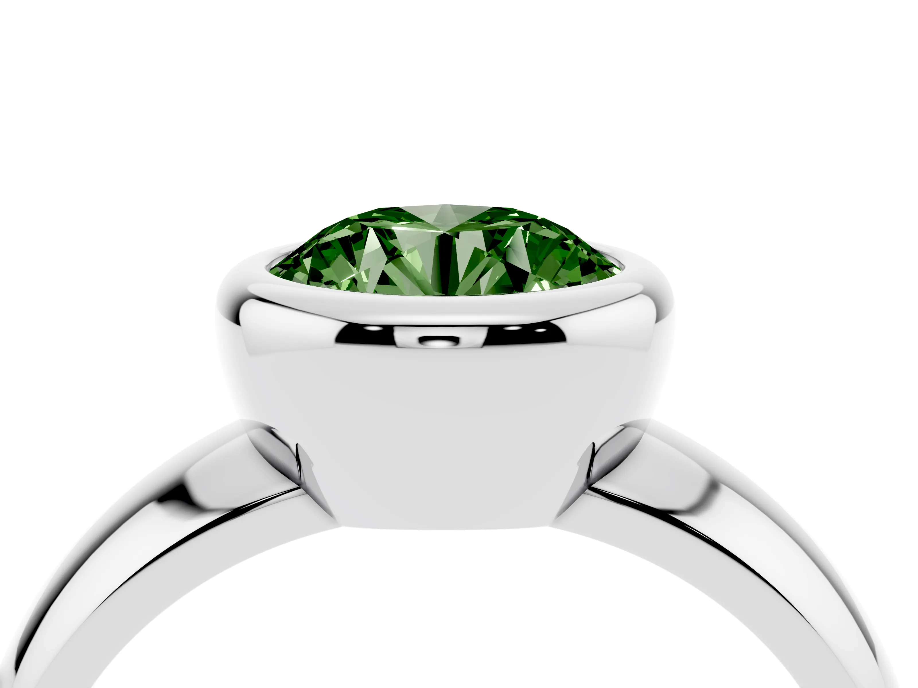 Fancy Green Bezel Set Round Cut Diamond Solitaire Ring Set in Silver with Wide Band
