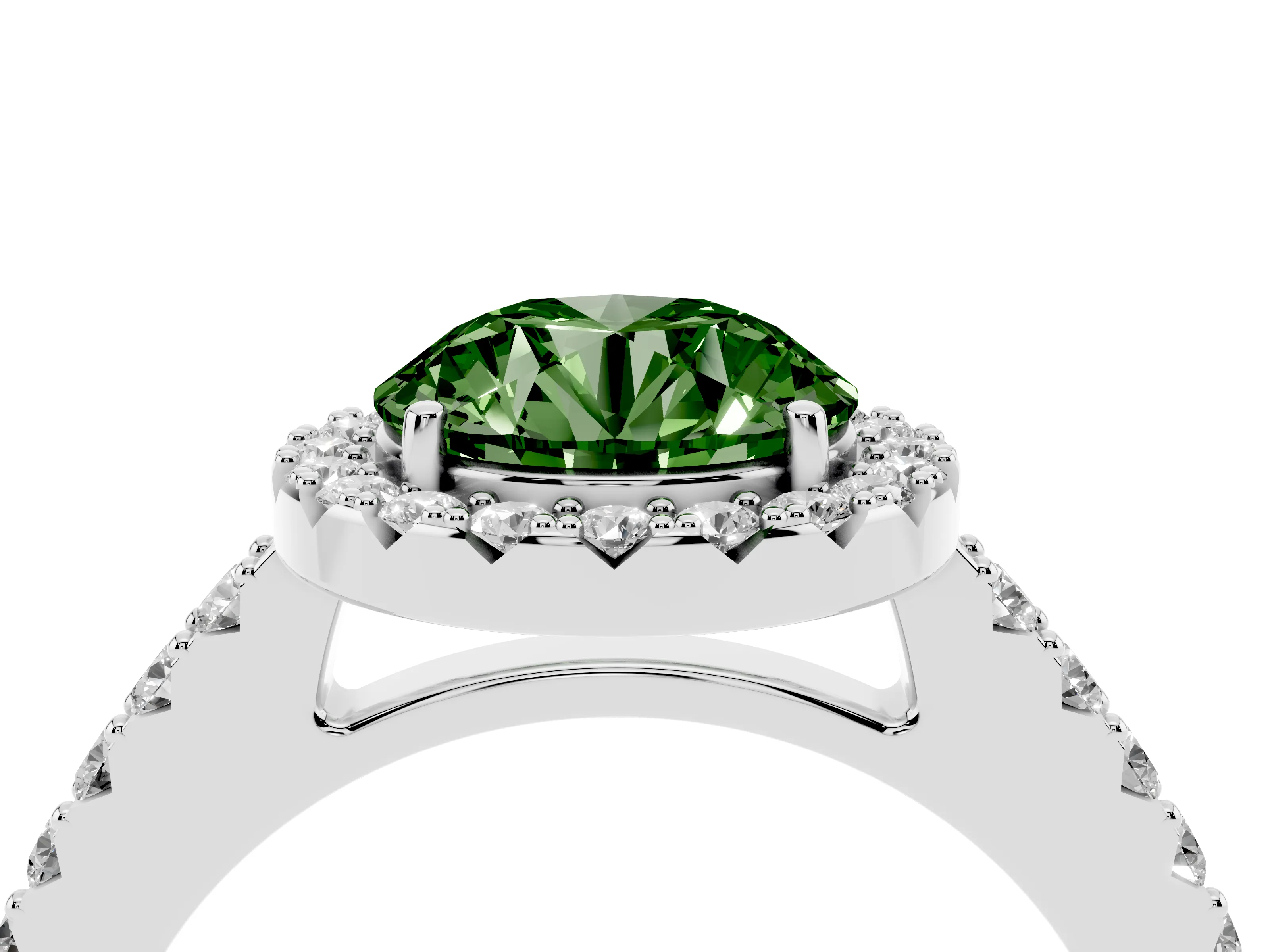 Fancy Green Round Cut Diamond Halo Pavé Solitaire Ring Set in Silver with Prong-Set Center Stone