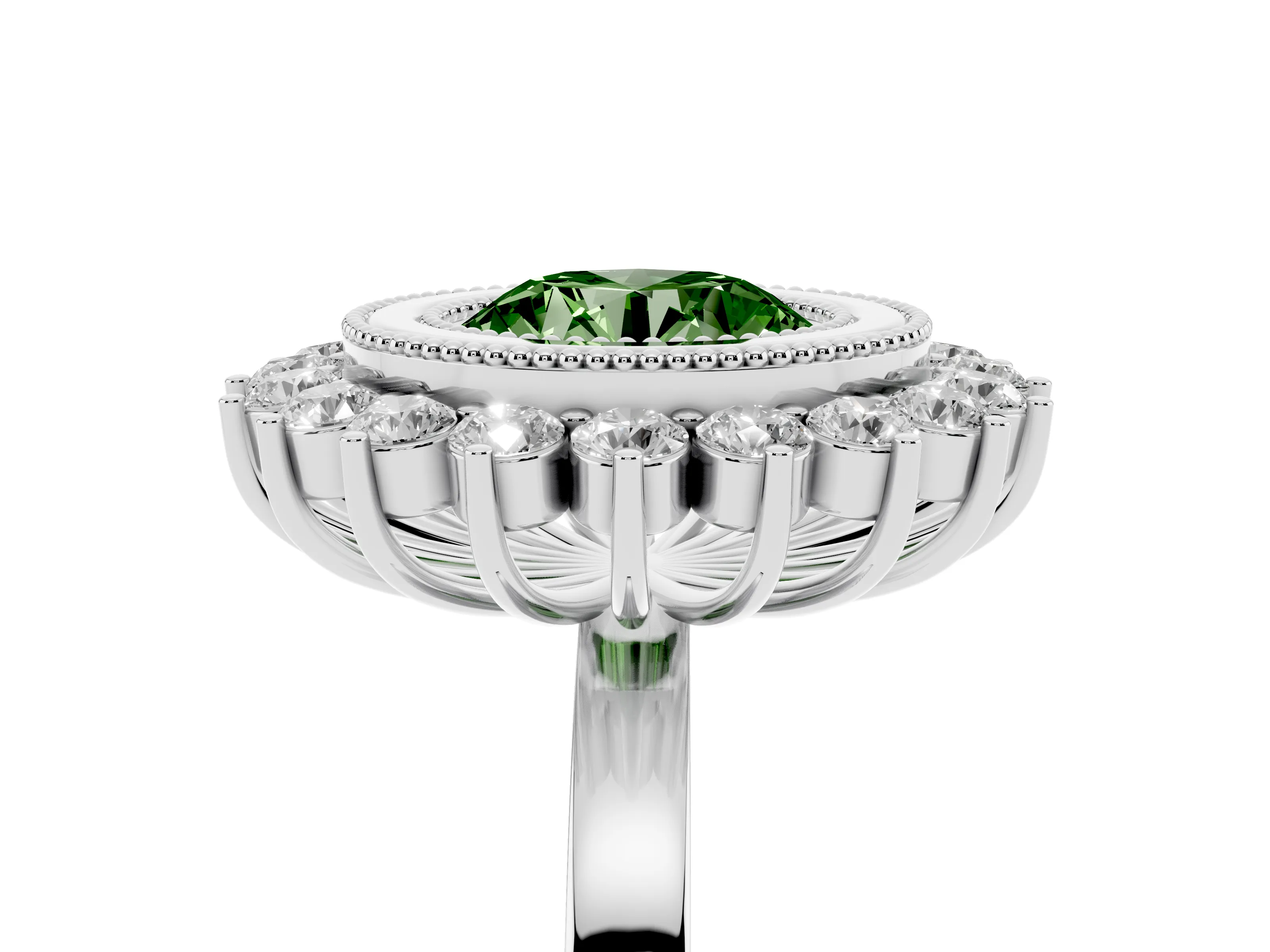 Fancy Green Round Cut Diamond Halo Ring Set in Silver with Milgrain Edge and Round Prong Setting