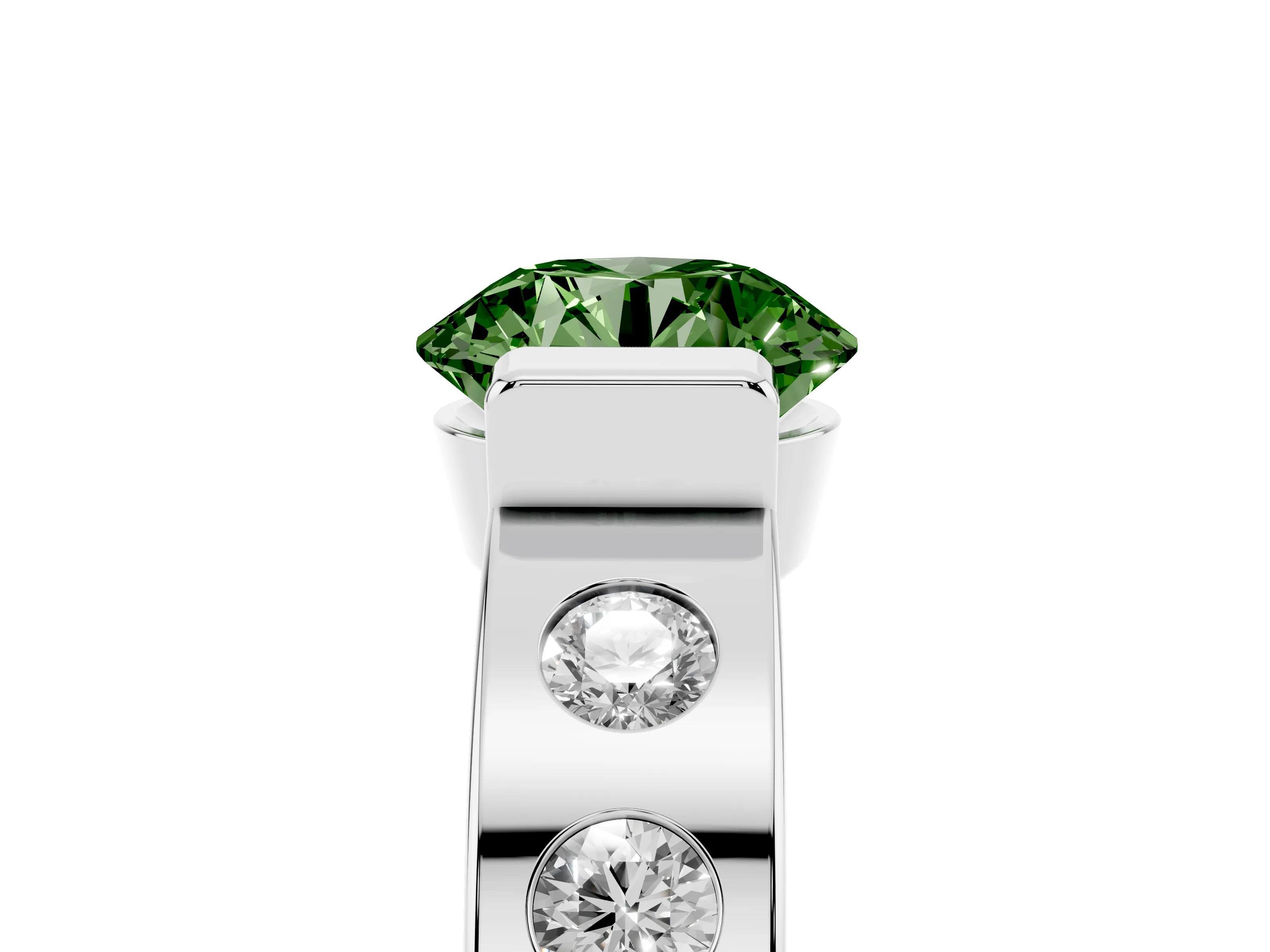Fancy Green Round Cut Diamond Channel-Set Band Ring Set in Silver with Bezel Prong Setting