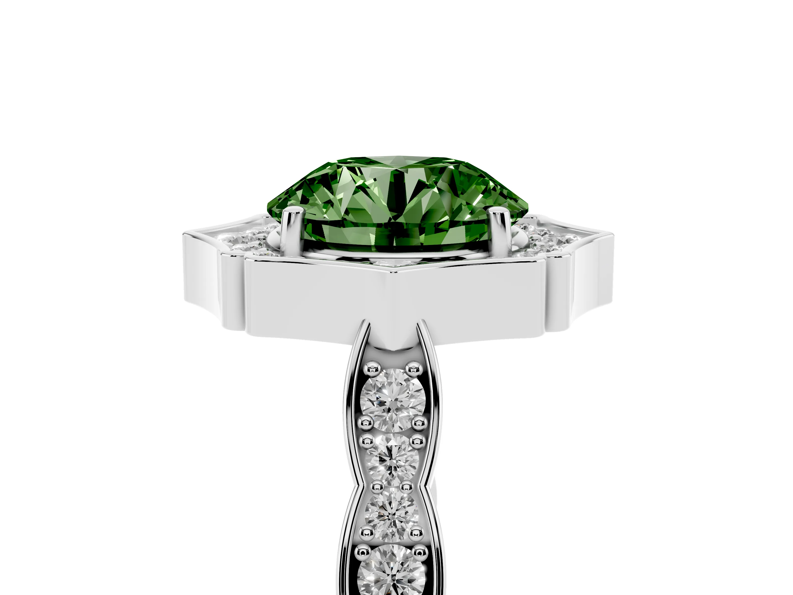 Fancy Green Round Cut Diamond Halo Engagement Ring Set in Silver with Milgrain Band and Prong Setting