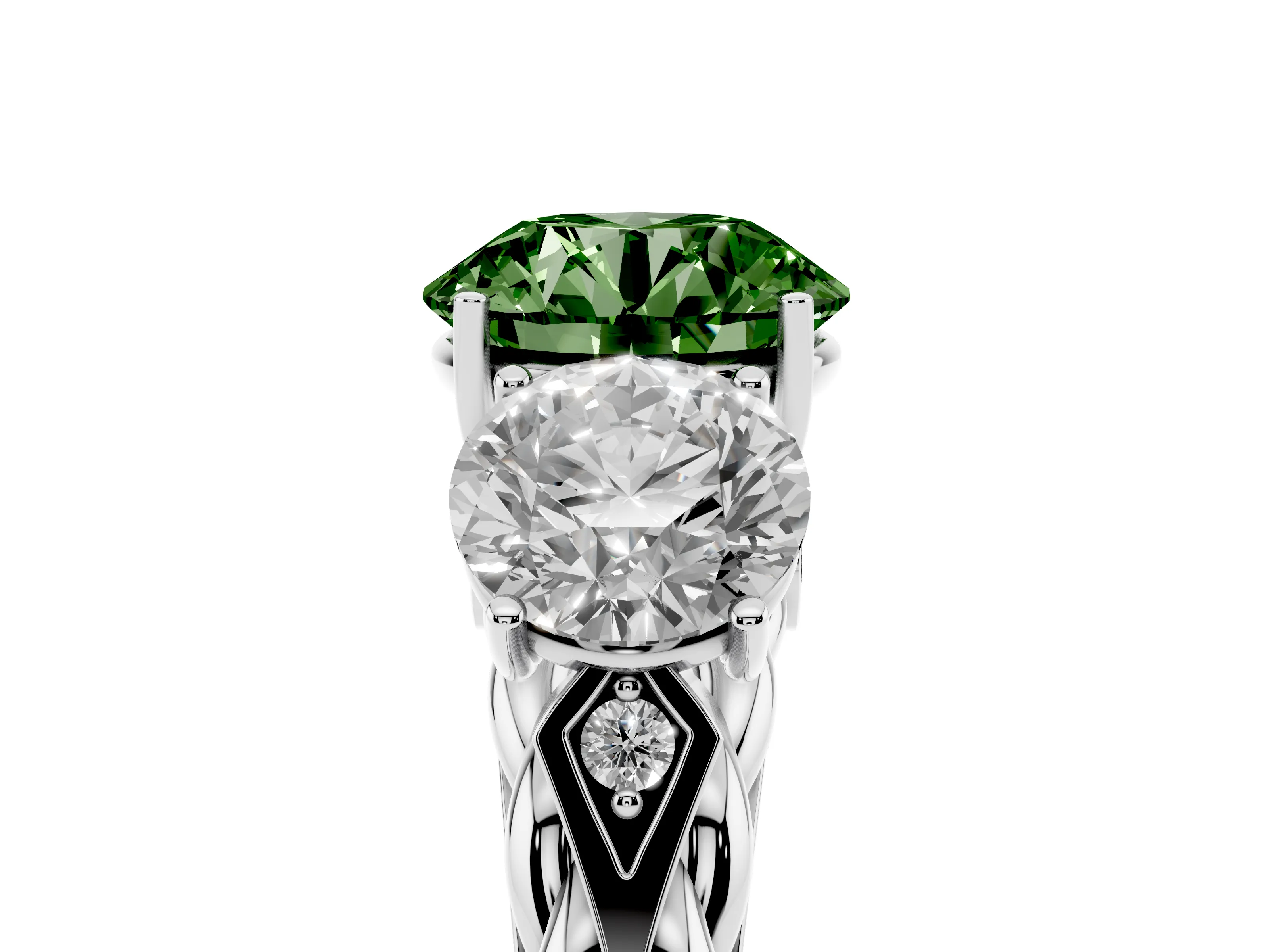Fancy Green Round Cut Diamond Three-Stone Ring Set in Silver with Braided Band