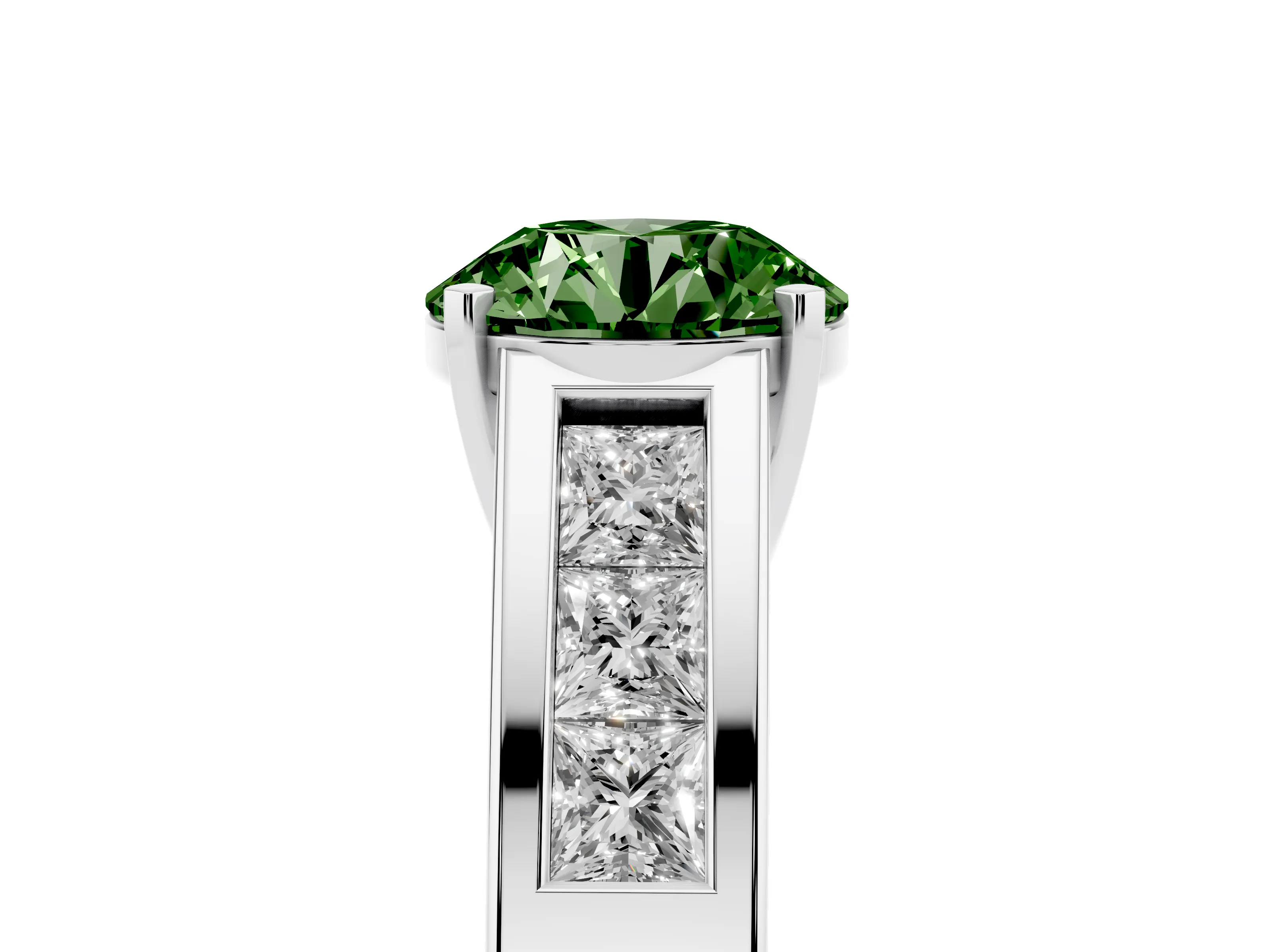 Fancy Green Round Cut Diamond Solitaire Ring Set in Silver with Channel-Set Accent Stones and Prong Setting