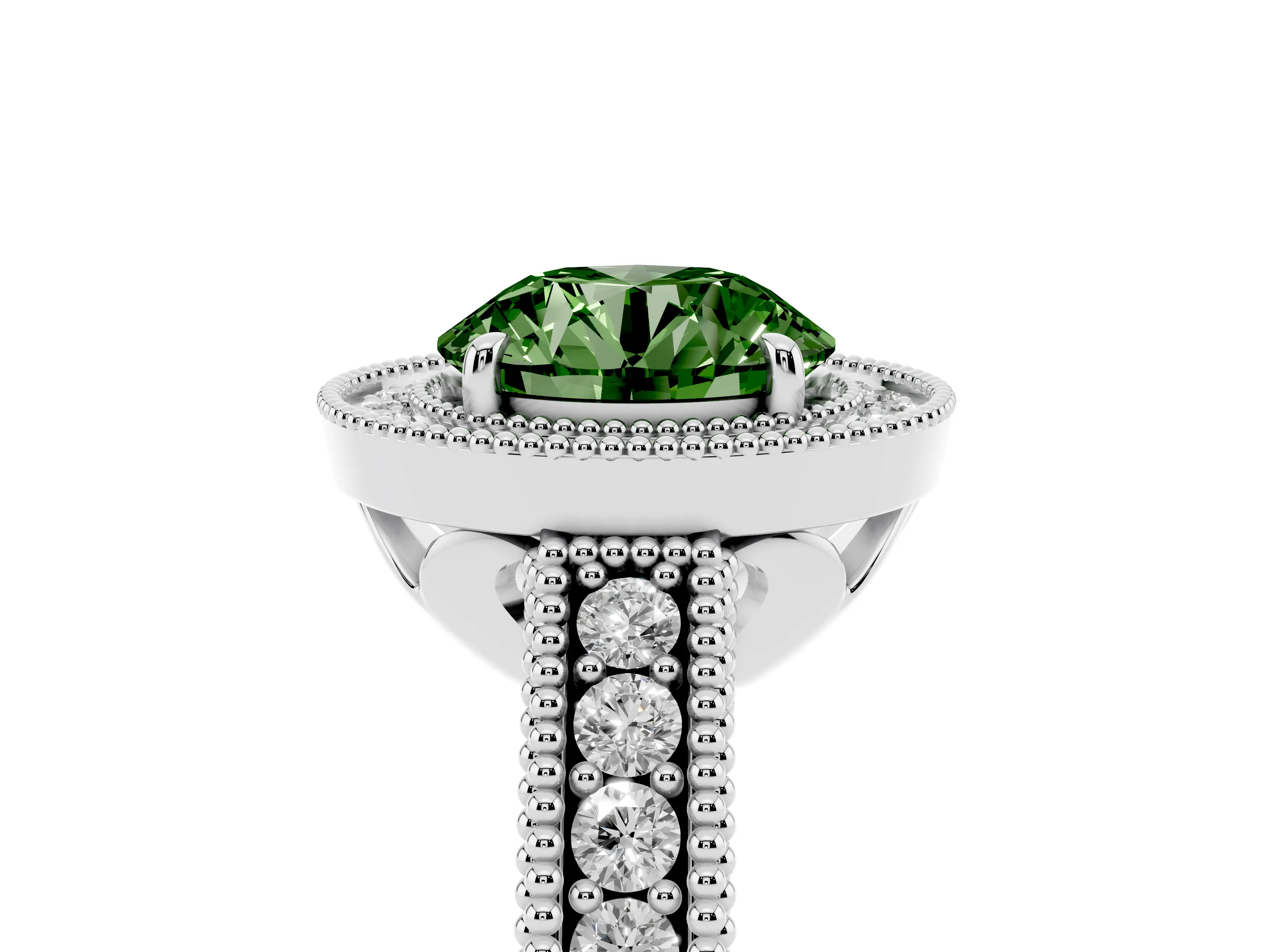 Fancy Green Round Cut Diamond Halo Ring Set in White gold with Round Accent Halo, Pavé Band and Prong Setting