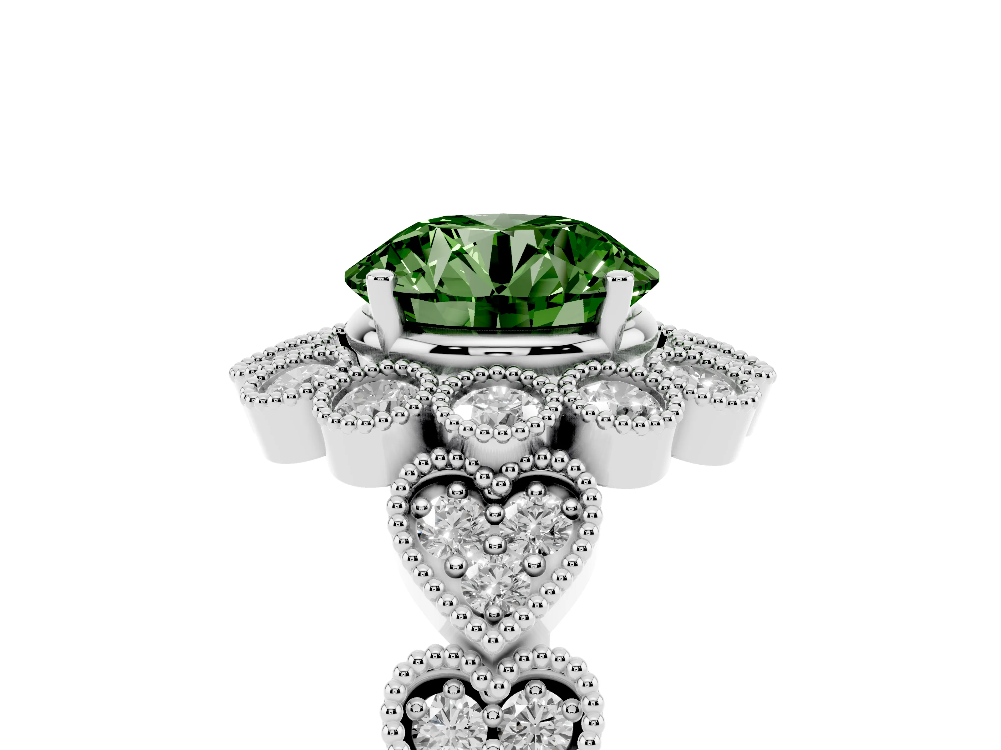 Fancy Green Round Cut Diamond Solitaire Ring Set in White gold with Milgrain Pavé Heart Band