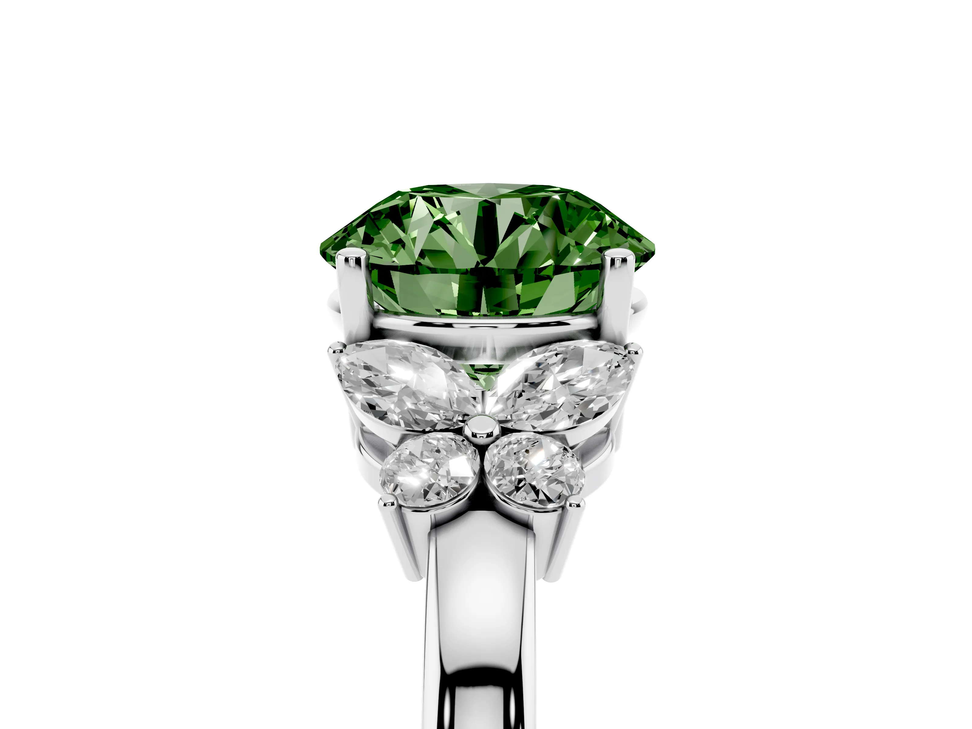 Fancy Green Round Cut Diamond Solitaire Floral Ring Set in Silver with Marquise Petals and Prong Setting