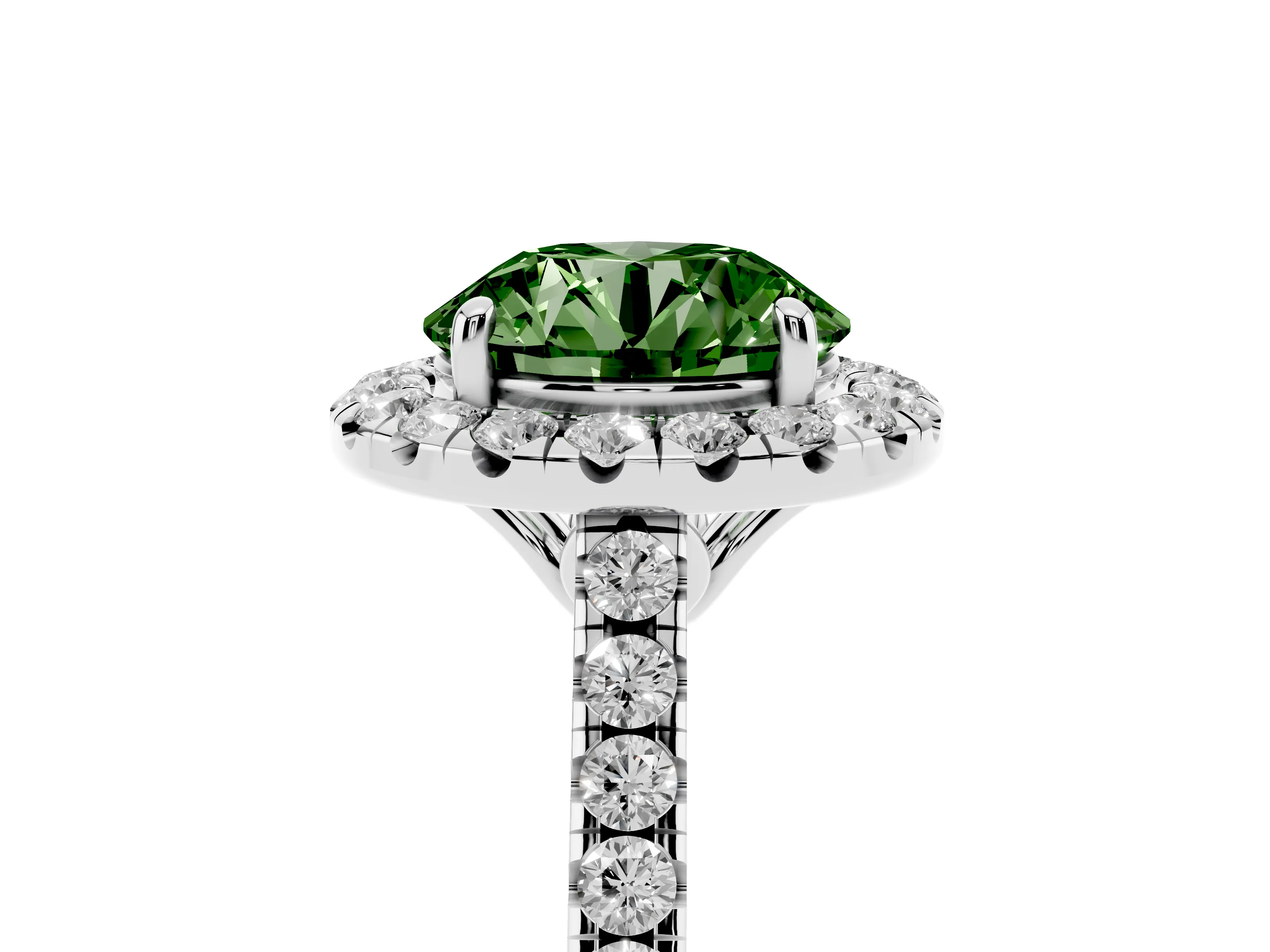 Fancy Green Round Cut Diamond Pavé Halo Engagement Ring Set in Platinum with Pavé Band and Prong Setting