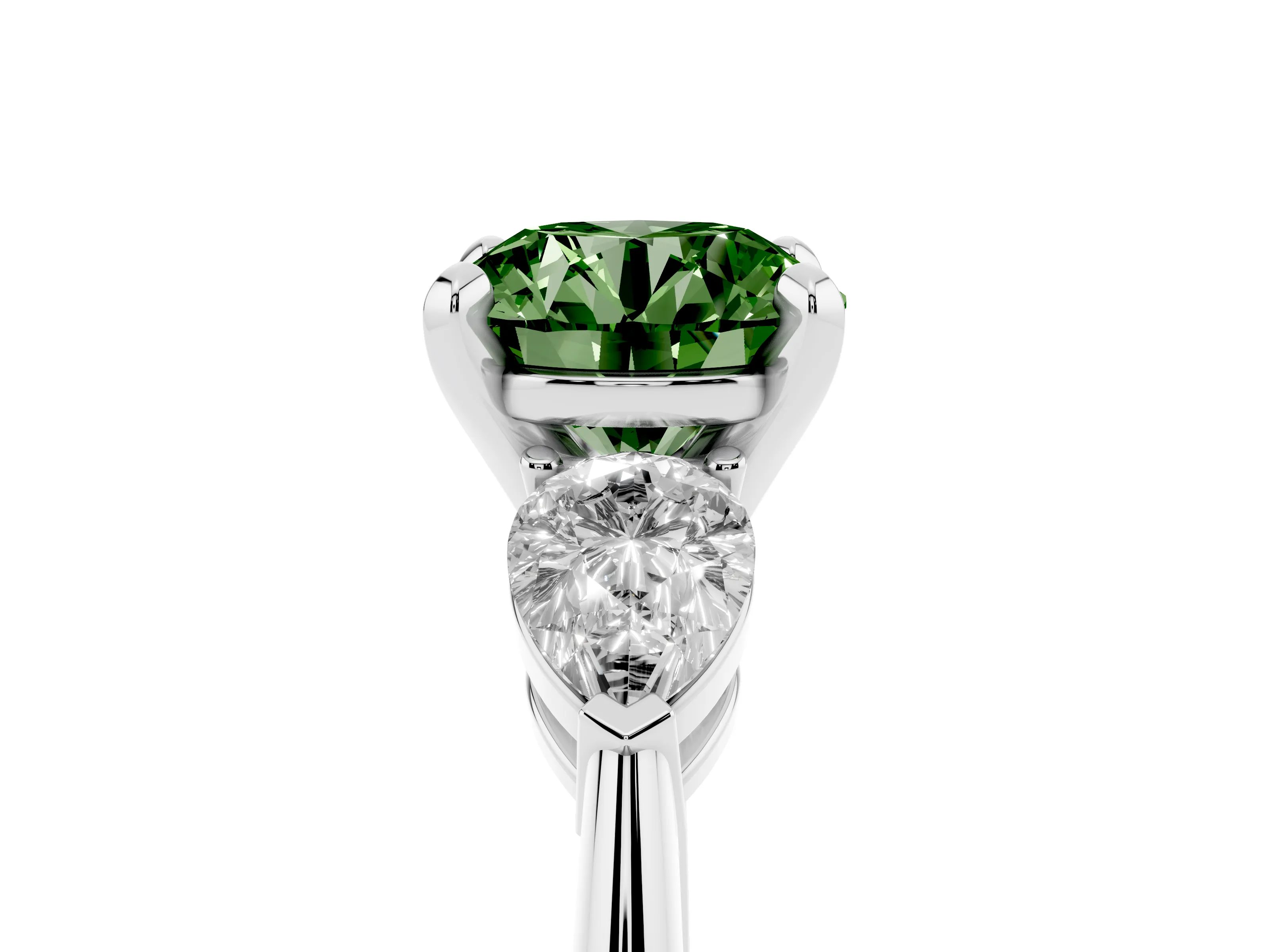 Fancy Green Three-Stone Round Cut Diamond Ring Set in Silver with Pear Side Stones and Prong Setting