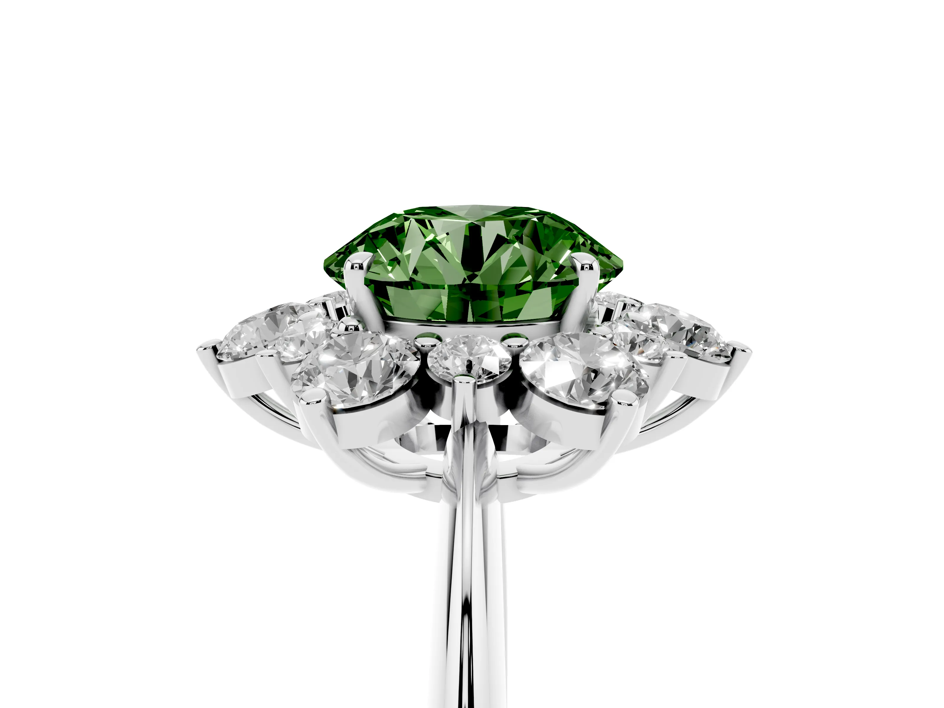 Fancy Green Round Cut Diamond Cluster Halo Ring Set in Silver with Solitaire Band and Prong Setting