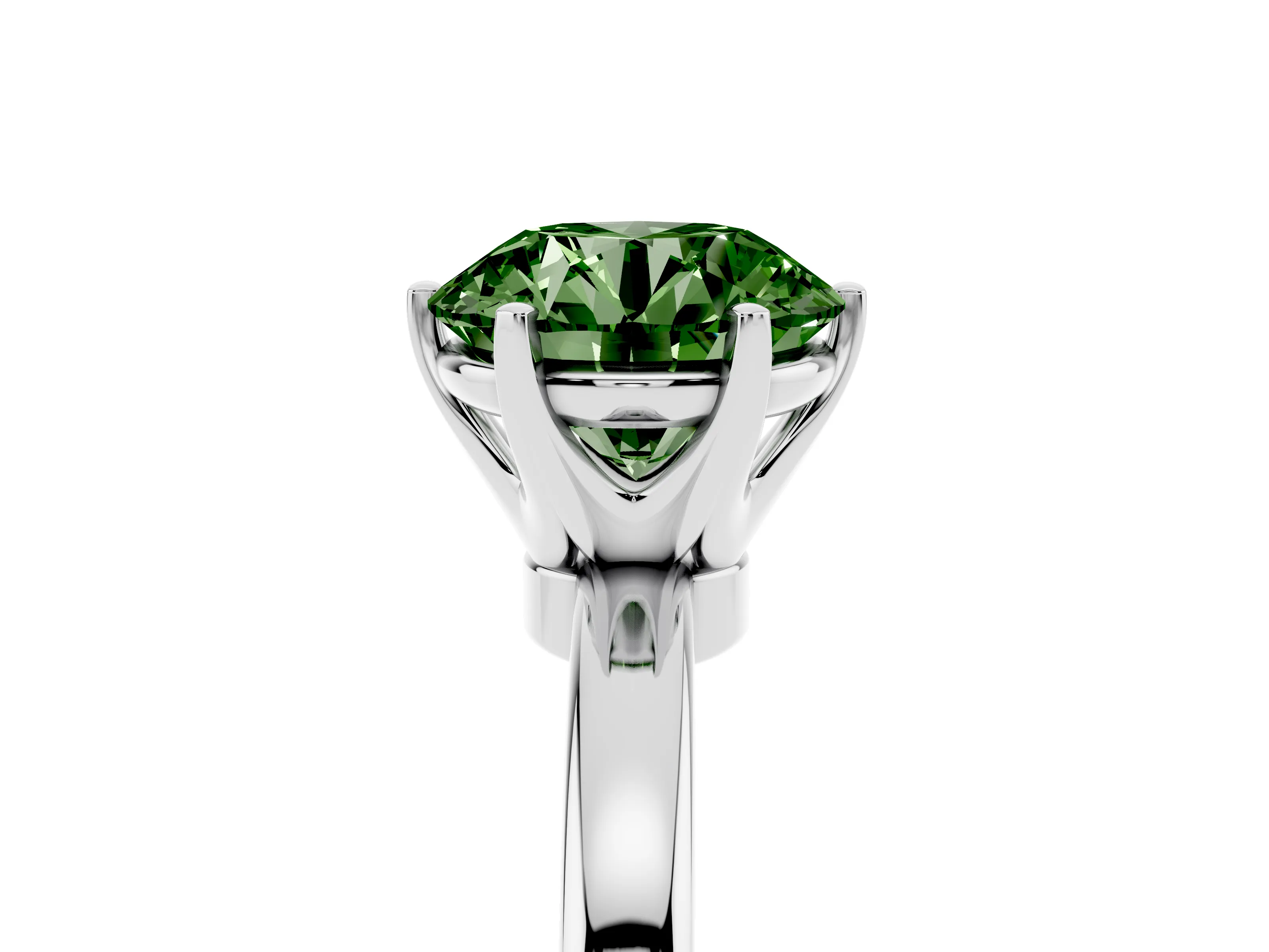 Fancy Green Round Cut Diamond Solitaire Ring Set in Platinum with Raised Prong Setting on a Classic Band