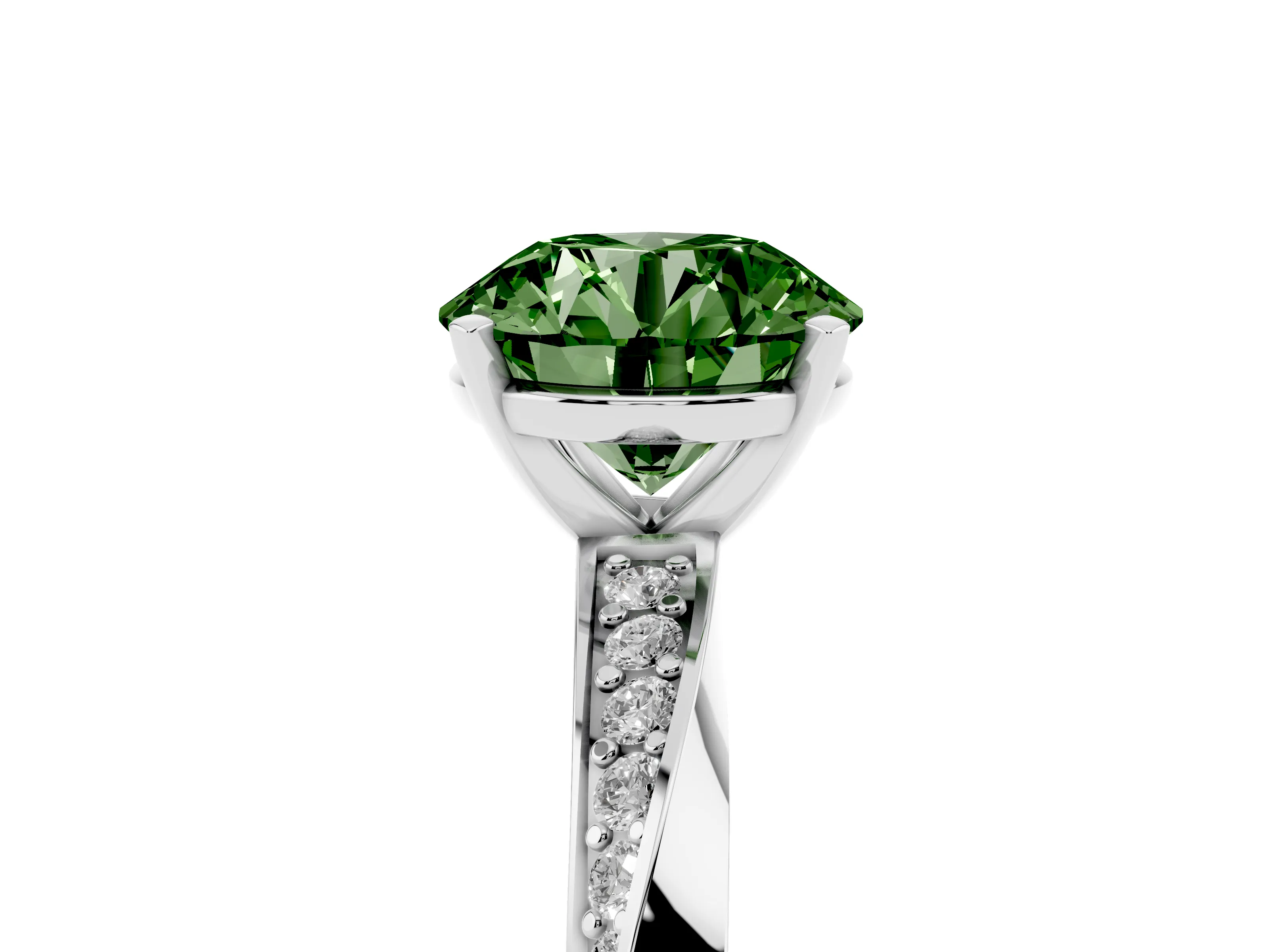 Fancy Green Round Cut Diamond Engagement Ring Set in White gold with Side Stone Accents and Prong Setting