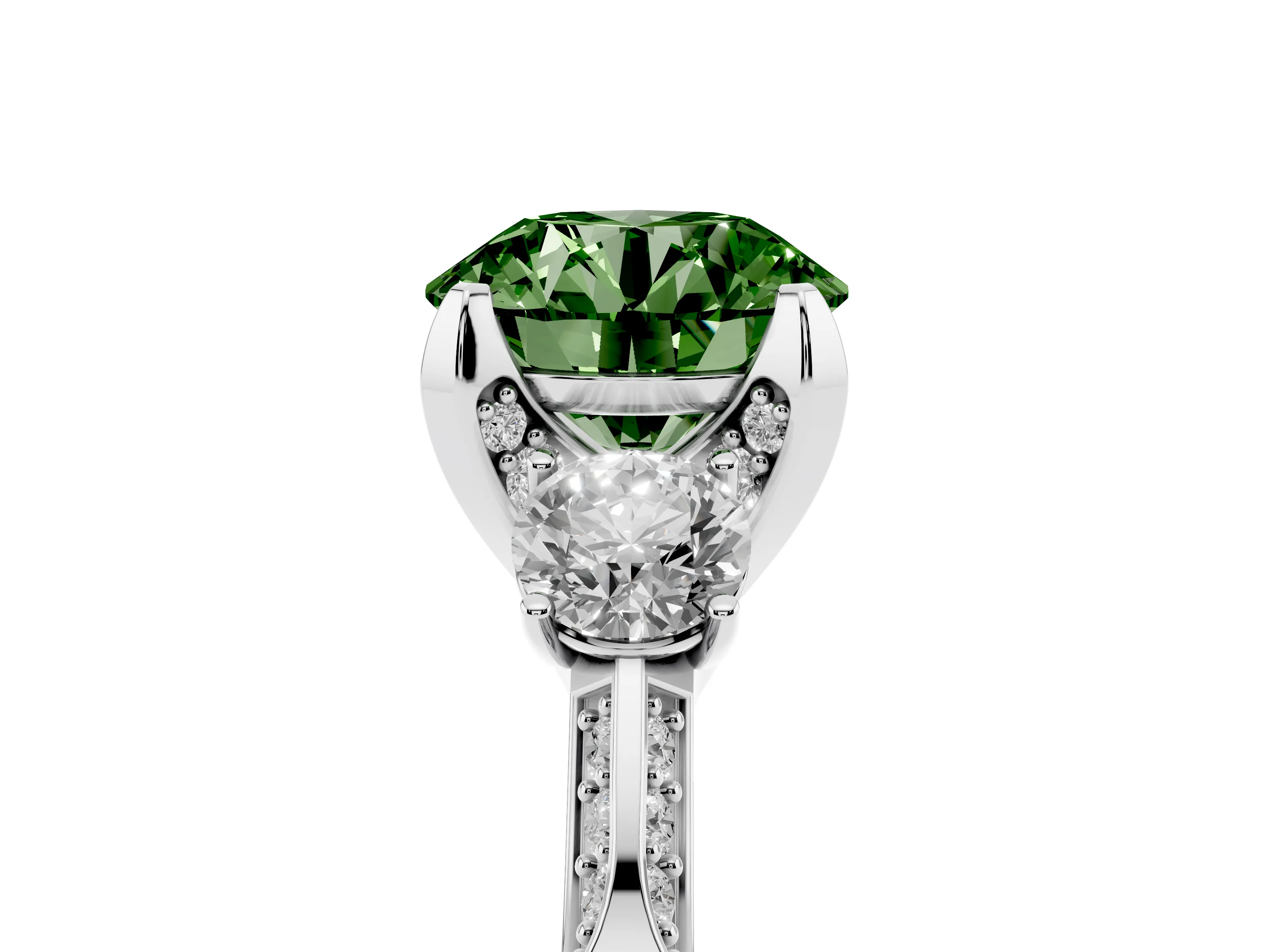Fancy Green Round Cut Diamond Three-Stone Ring Set in Platinum with Pavé Band and Smaller Side Stones
