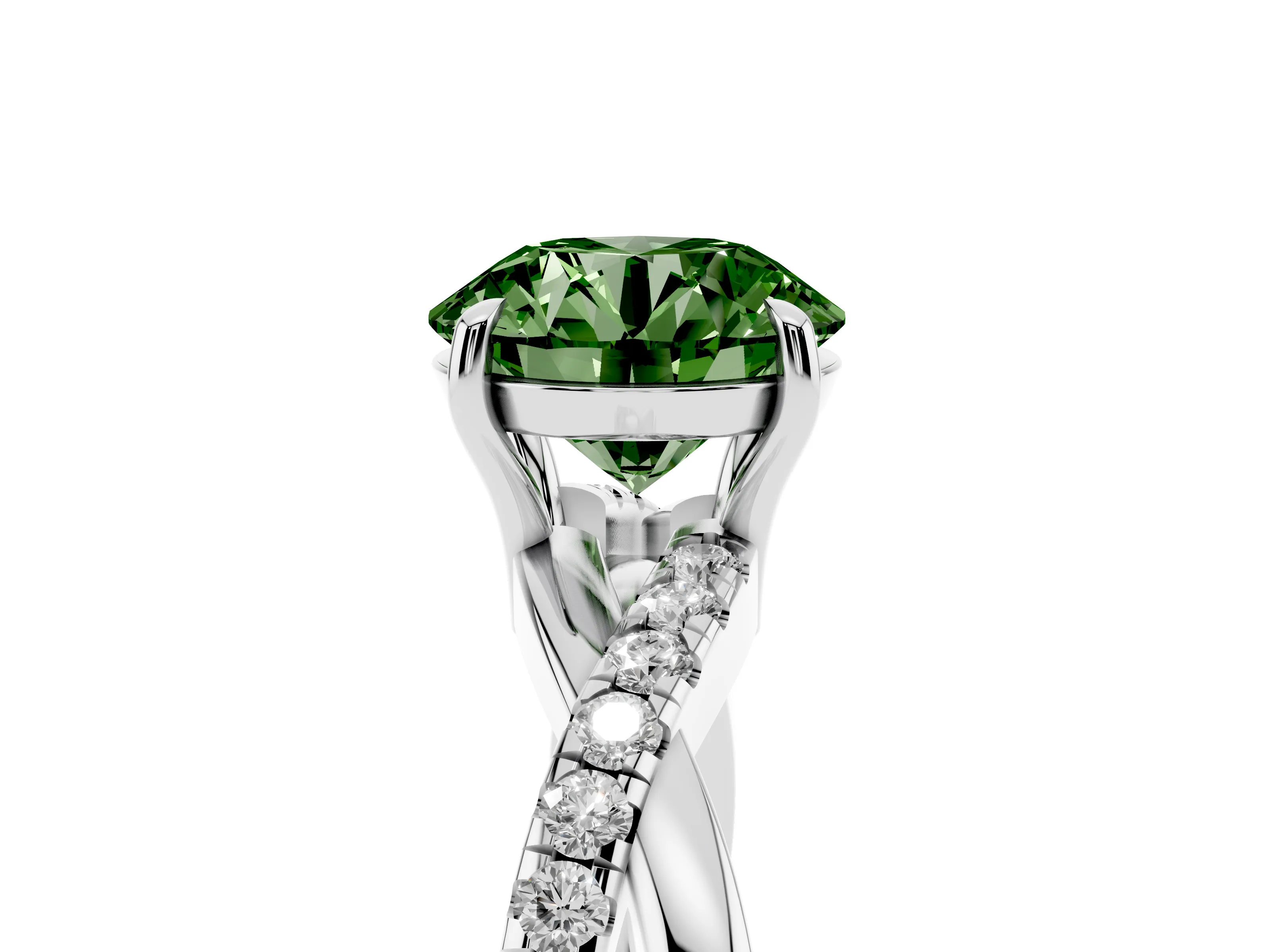 Fancy Green Round Cut Diamond Twisted Pavé Band Ring Set in Silver with Prong Setting