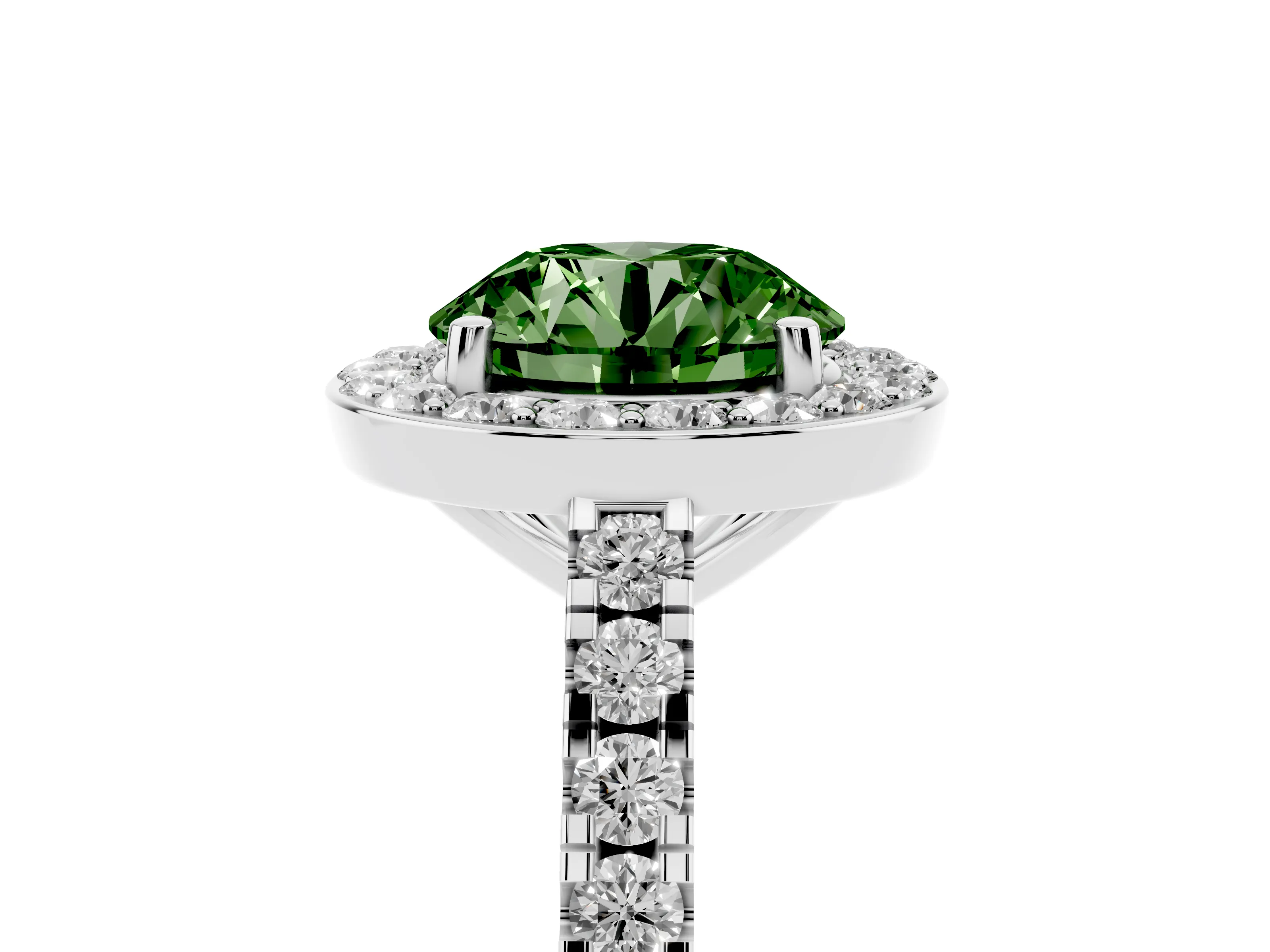 Fancy Green Round Cut Diamond Halo Ring Set in White gold with Round Pavé Split Shank and Prong Setting