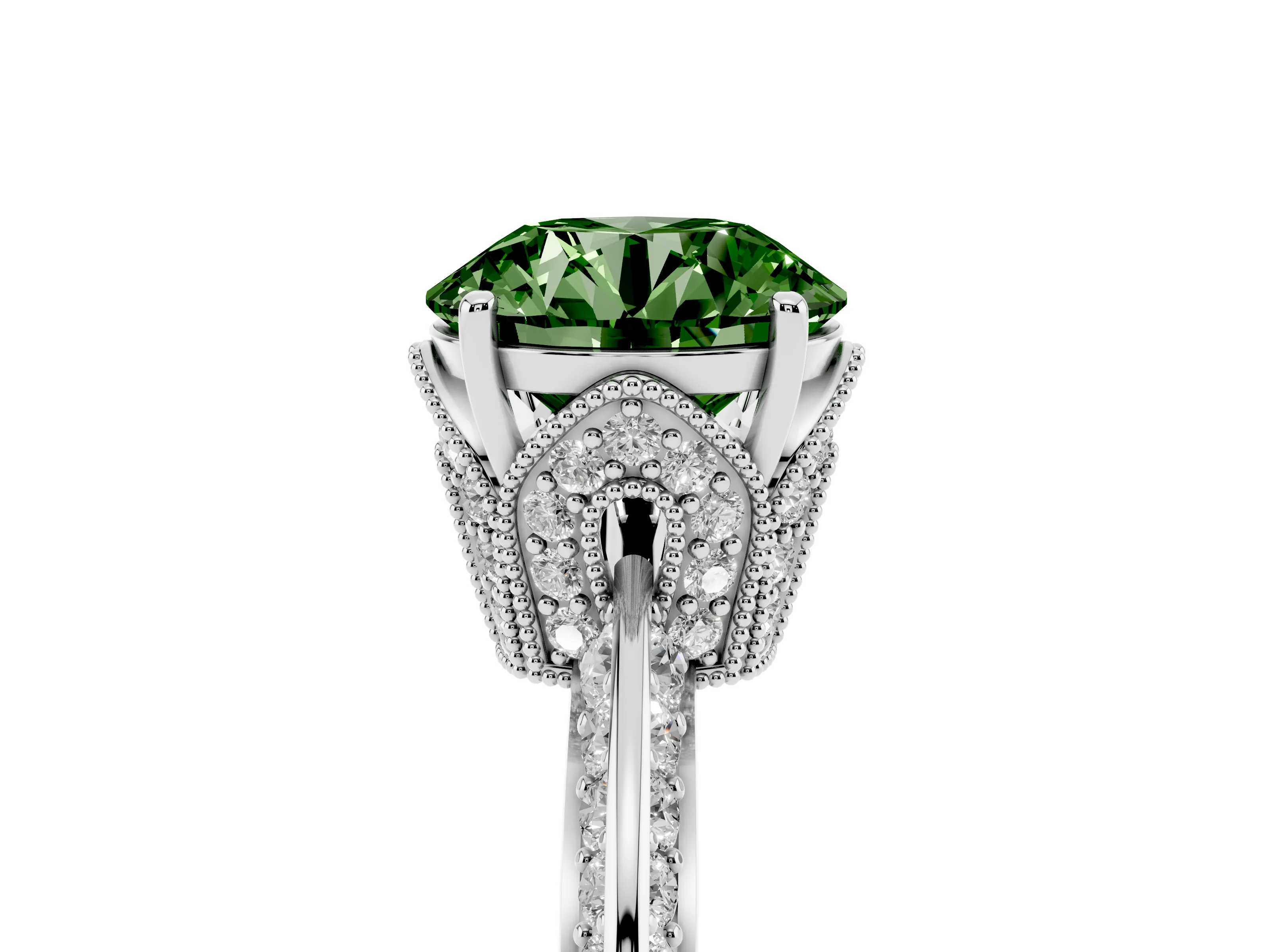 Fancy Green Round Cut Diamond Solitaire Engagement Ring Set in Silver with Pavé Split Shank and Prong Setting