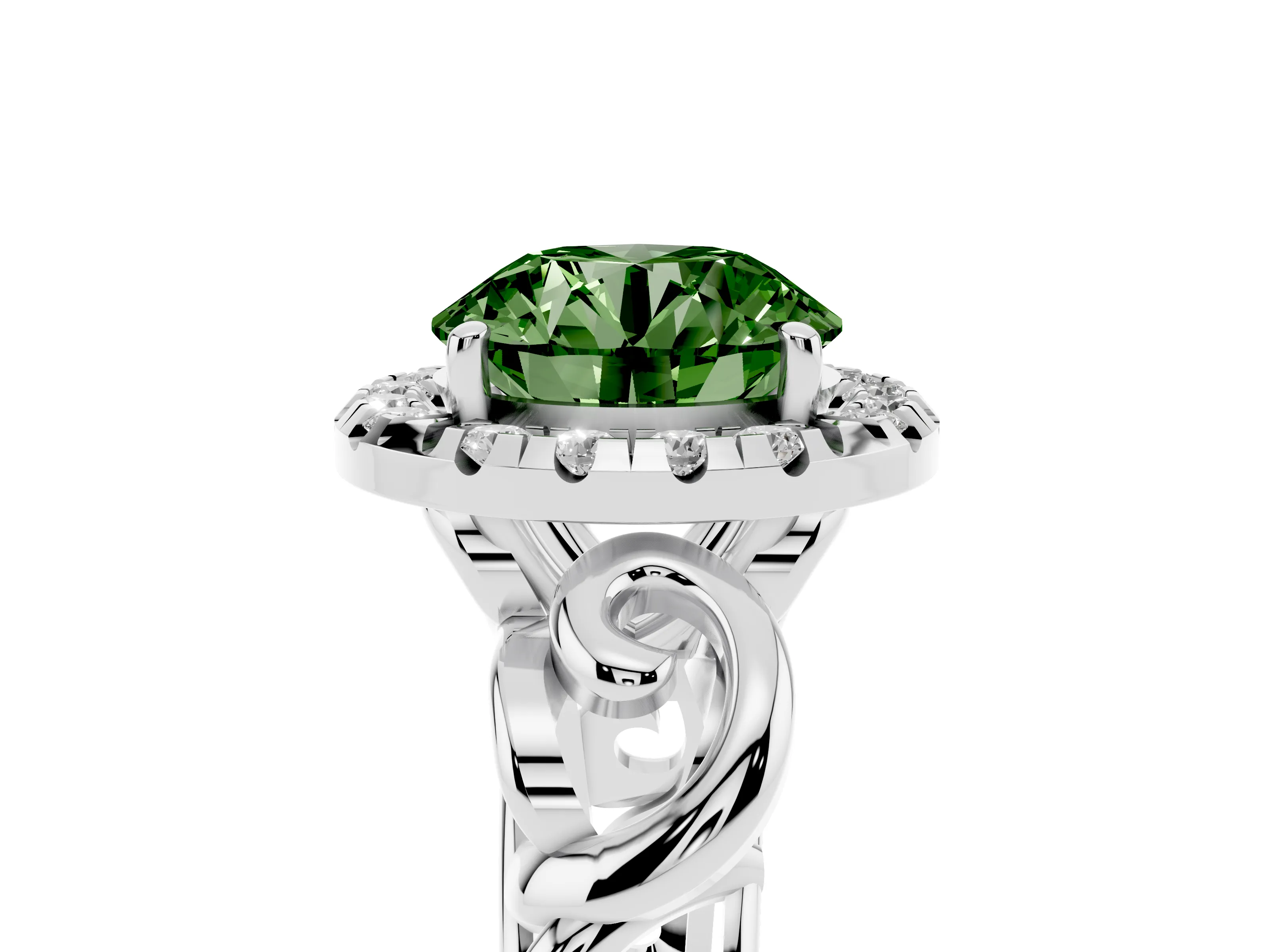 Fancy Green Round Cut Diamond Halo Ring Set in Platinum with Scrollwork Band and Prong Setting
