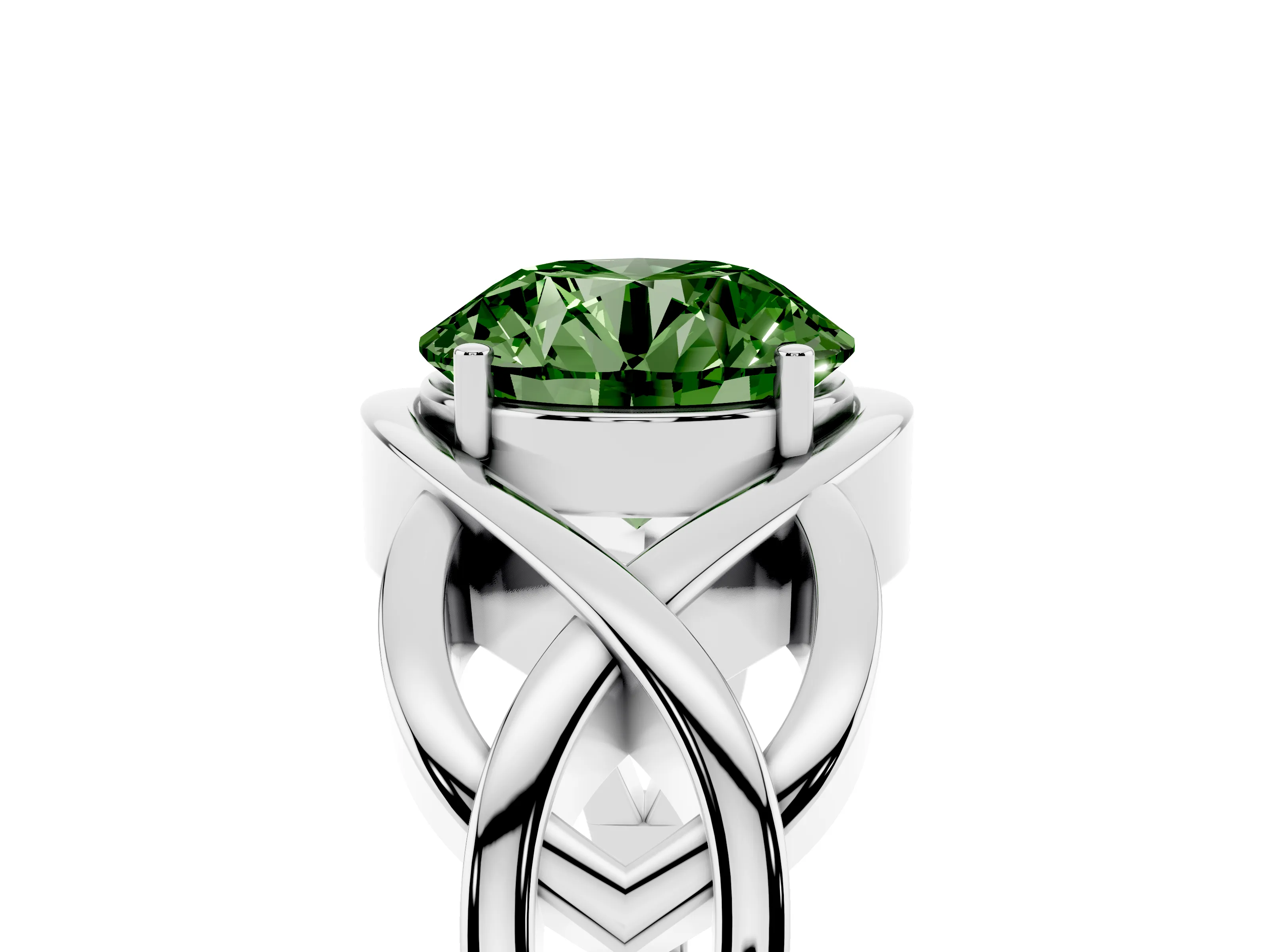 Fancy Green Round Cut Diamond Solitaire Ring Set in White gold with Intertwined Band
