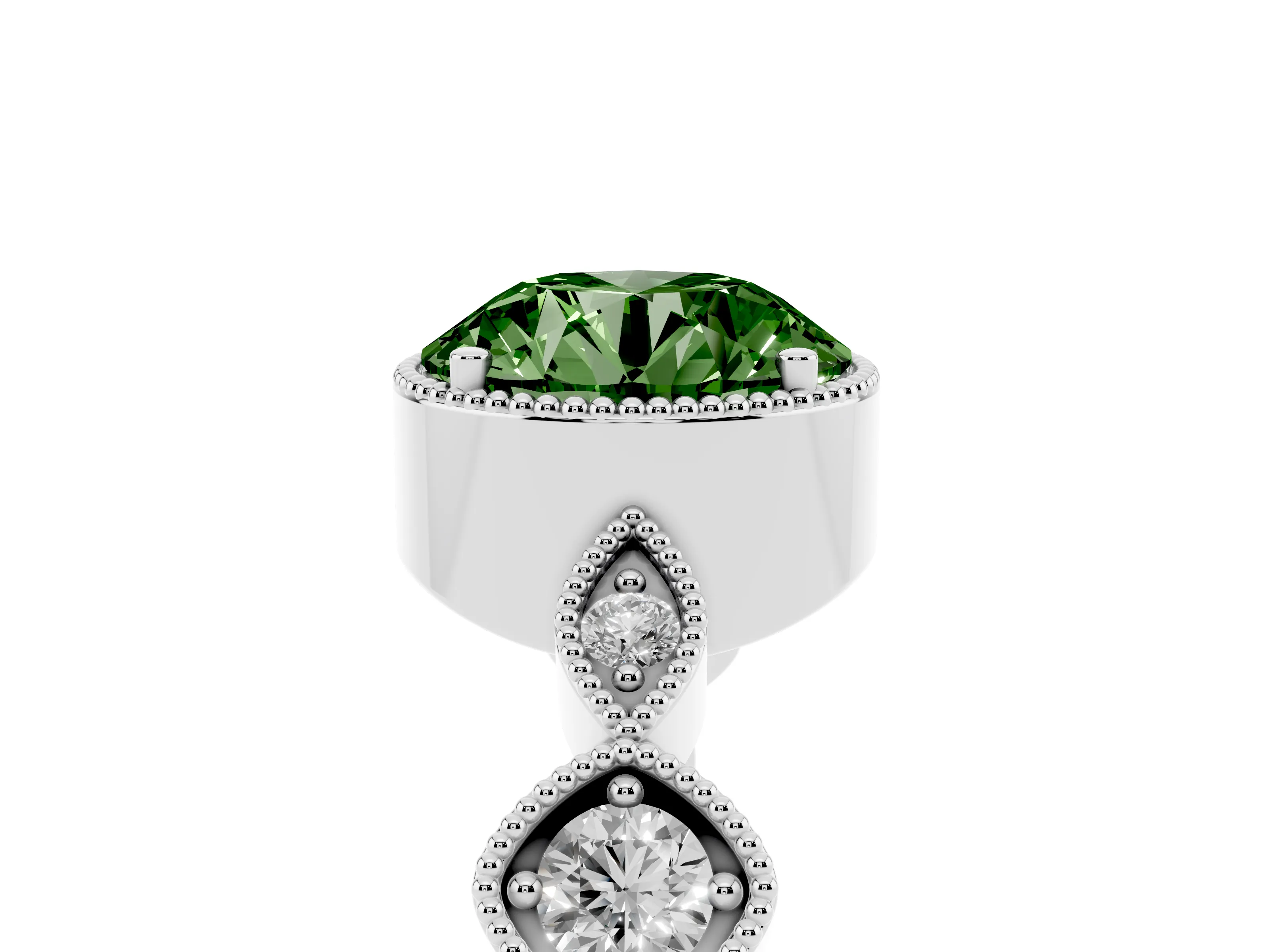 Fancy Green Round Cut Diamond Vintage-Inspired Milgrain Ring Set in Platinum with Marquise Stations of Round Accents