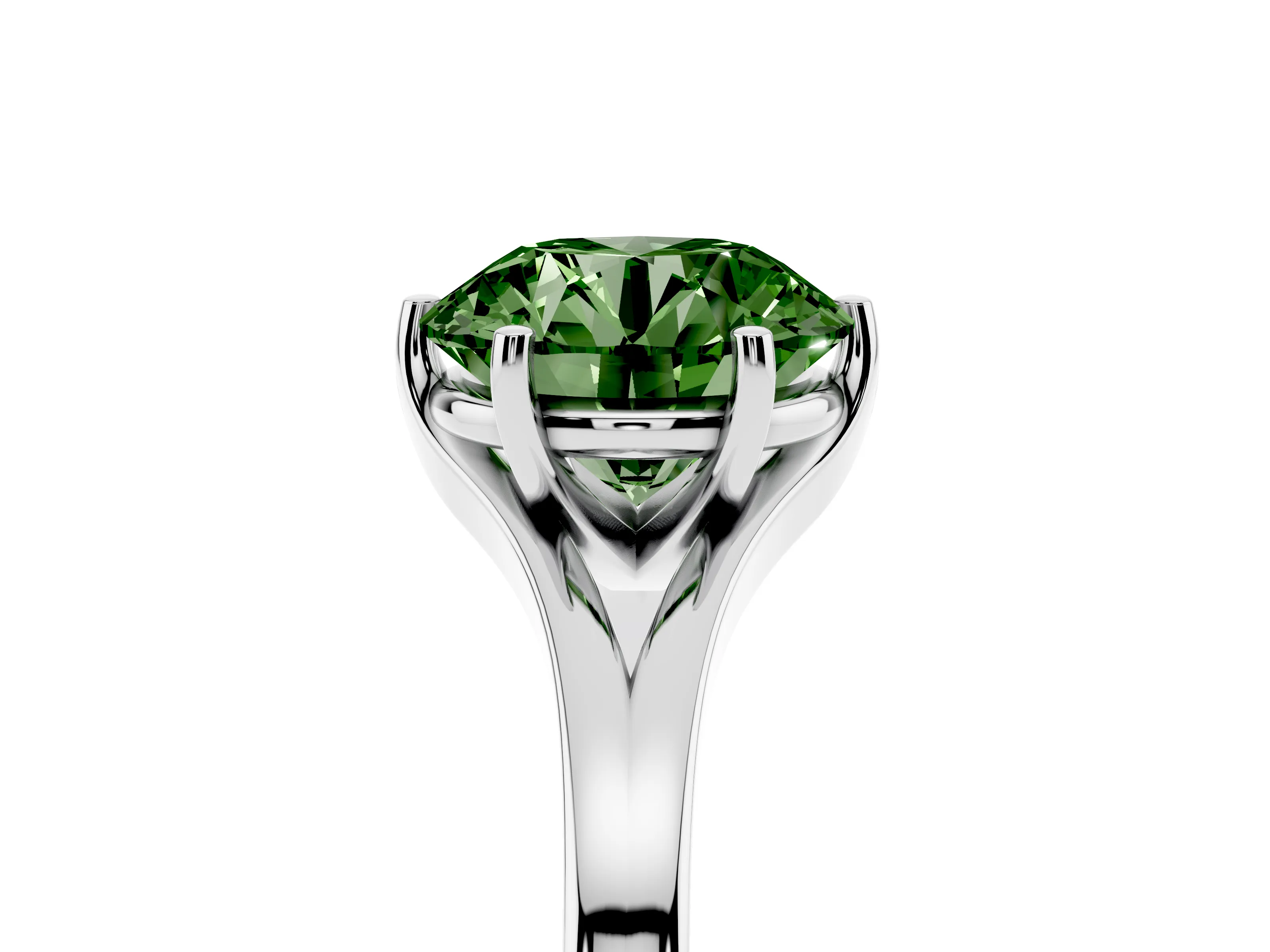 Fancy Green Round Cut Diamond Solitaire Ring Set in Silver with Polished Tapered Band and Prong Setting