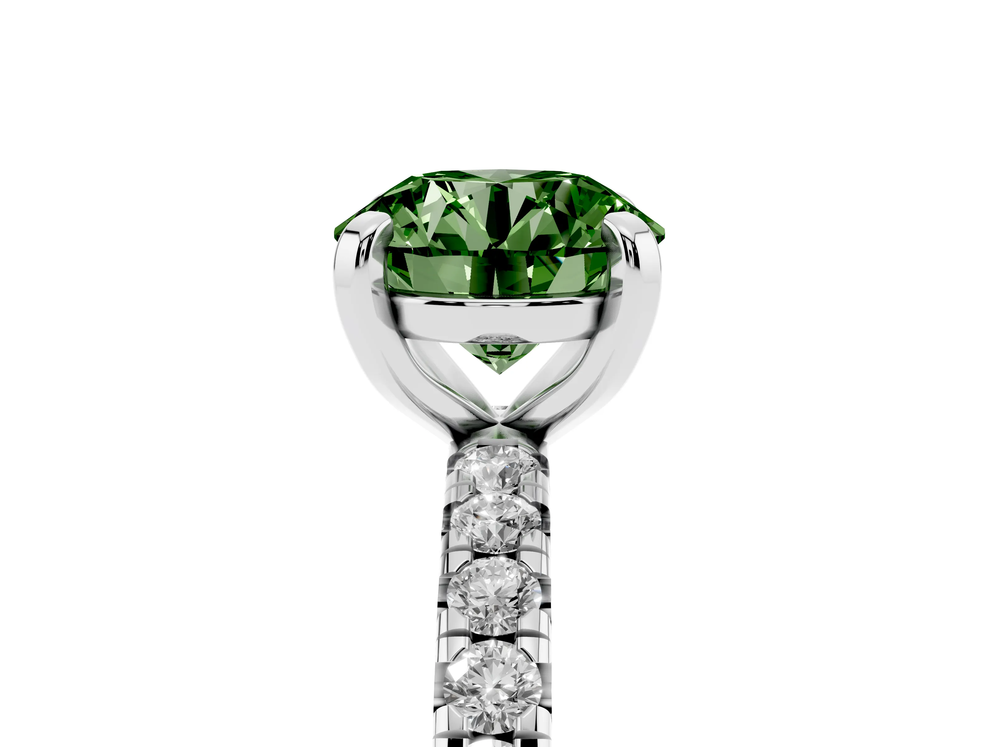 Fancy Green Round Cut Diamond Pavé Solitaire Ring Set in Silver with Round Band and Prong Setting