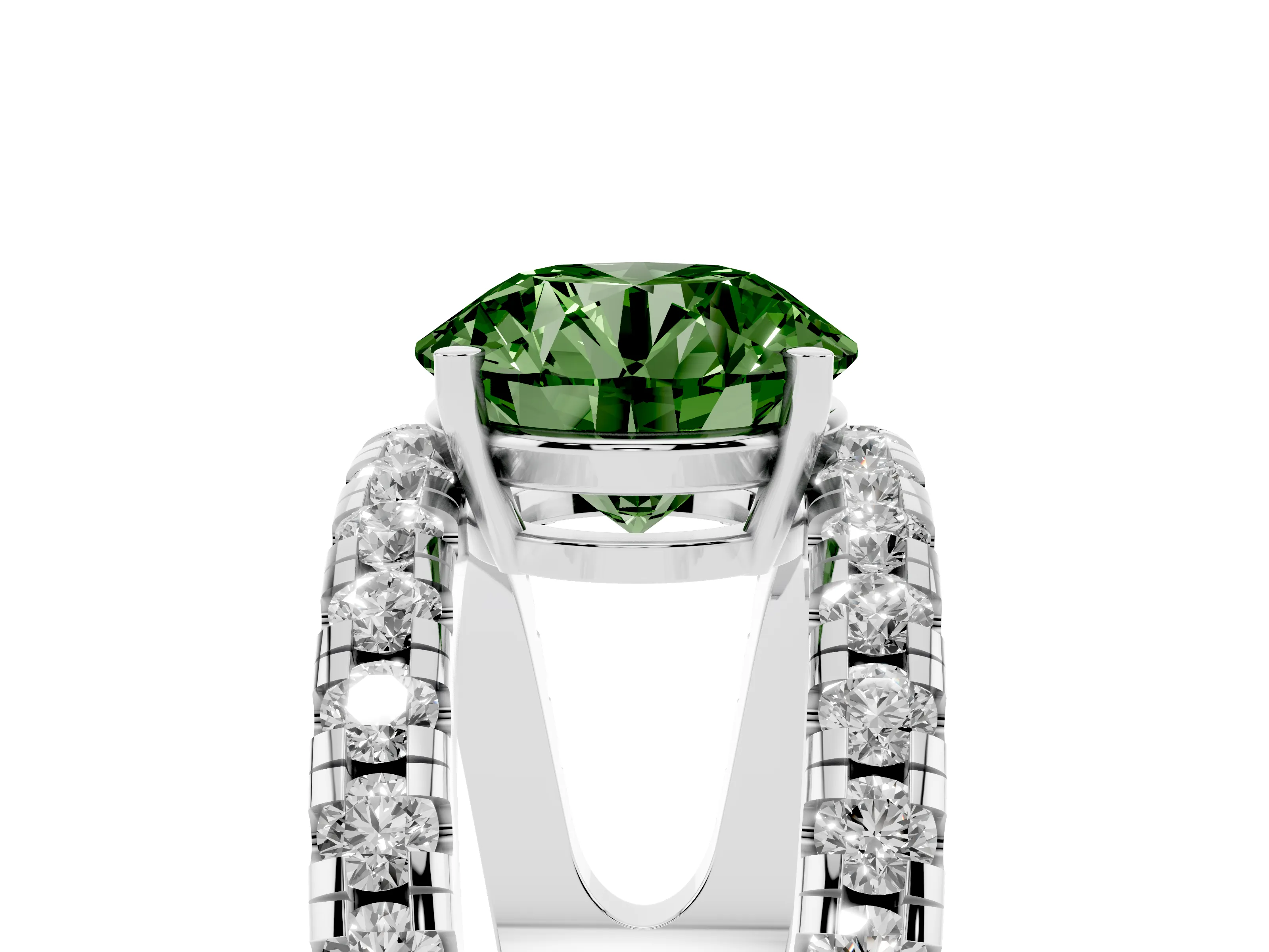 Fancy Green Round Cut Diamond Split Shank Pavé Solitaire Ring Set in Platinum with Open Shank Design