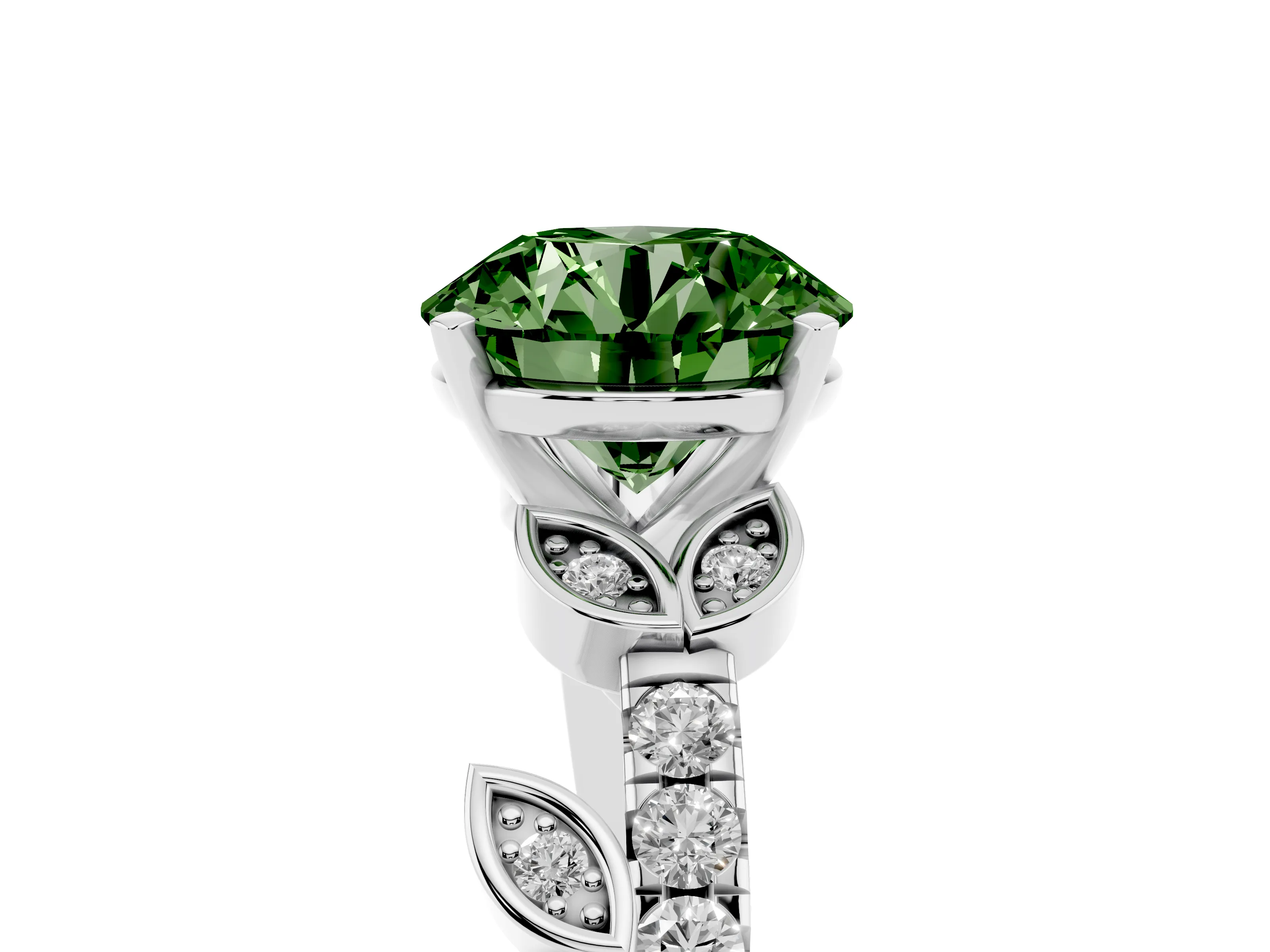 Fancy Green Round Cut Diamond Solitaire Leaf-Inspired Ring Set in Platinum with Pavé Band and Prong Setting