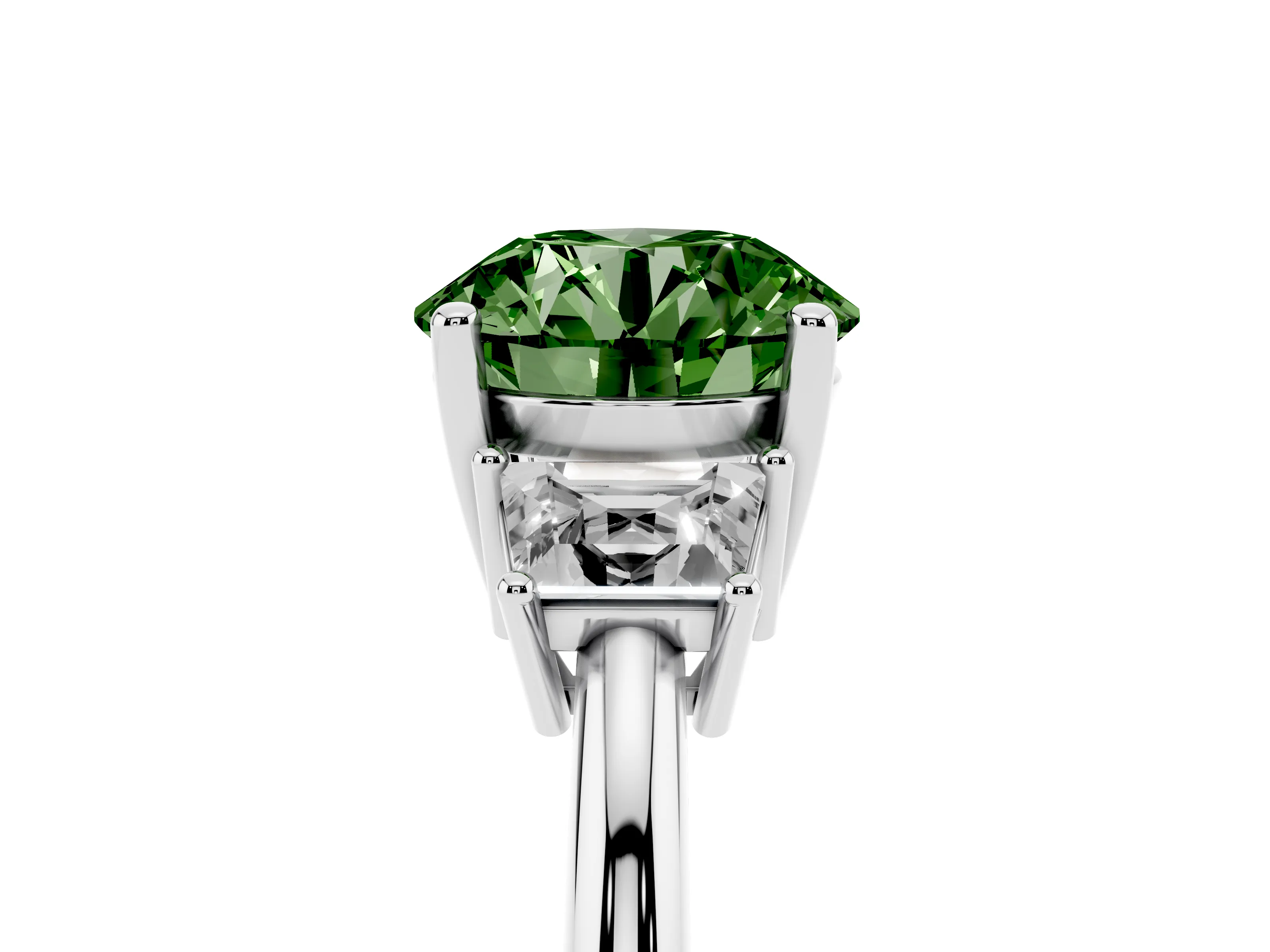 Fancy Green Round Cut Diamond Three-Stone Ring Set in White gold with Trapezoid Side Stones and Prong Setting