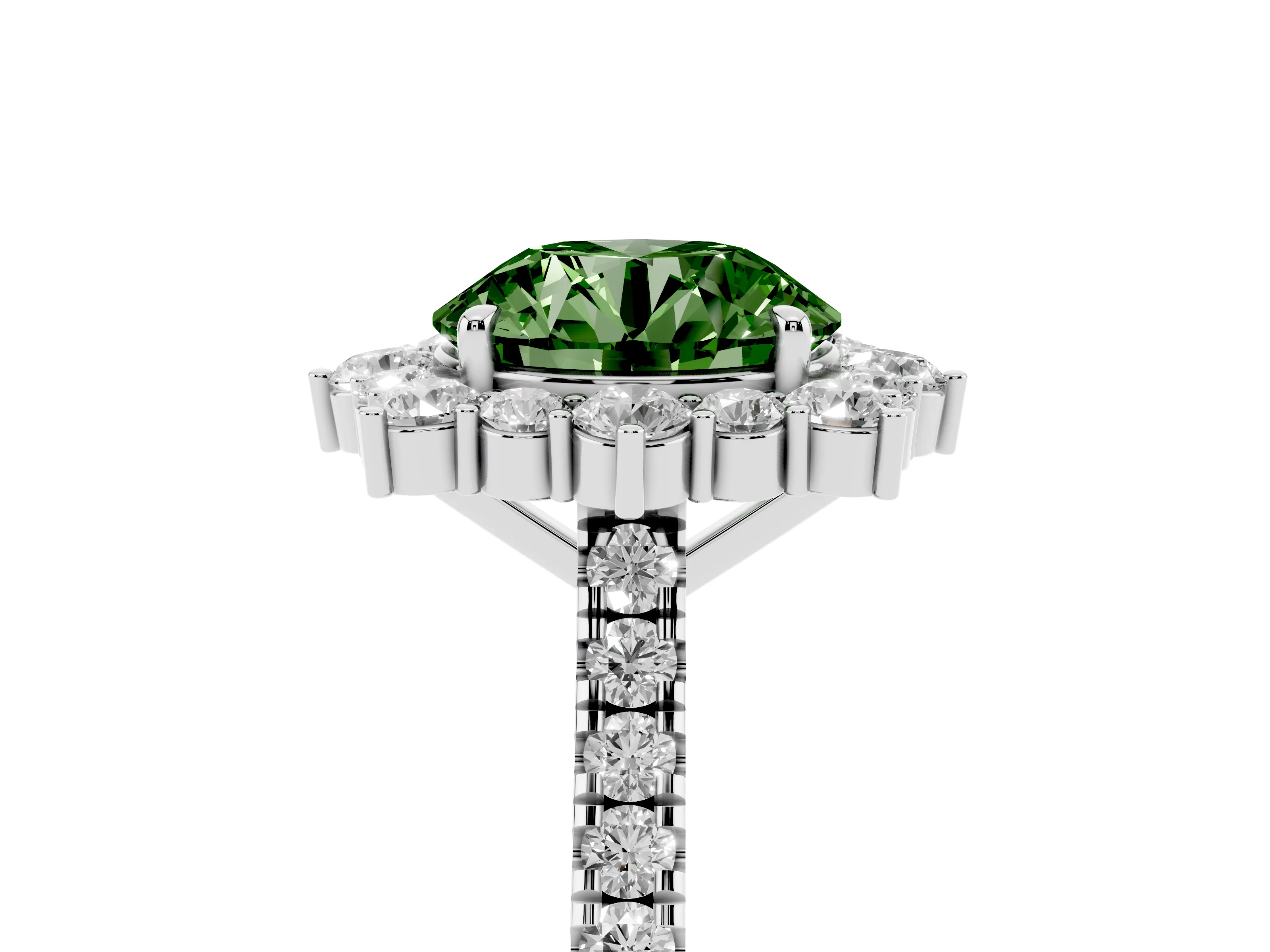 Fancy Green Round Cut Diamond Halo Ring Set in Silver with Pavé Band and Prong Setting