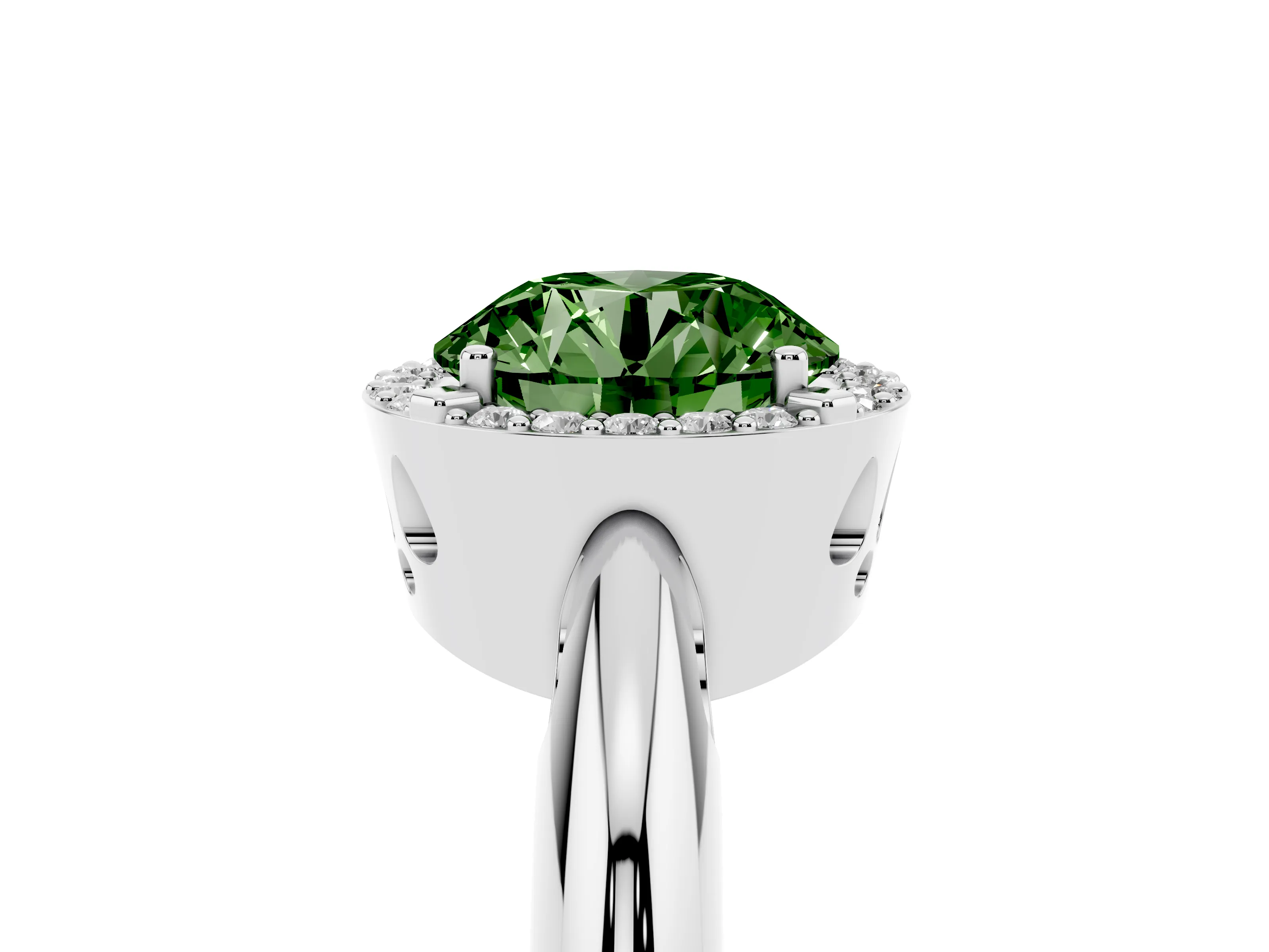 Fancy Green Round Cut Diamond Halo Engagement Ring Set in Silver with Plain Split Shank and Prong Setting