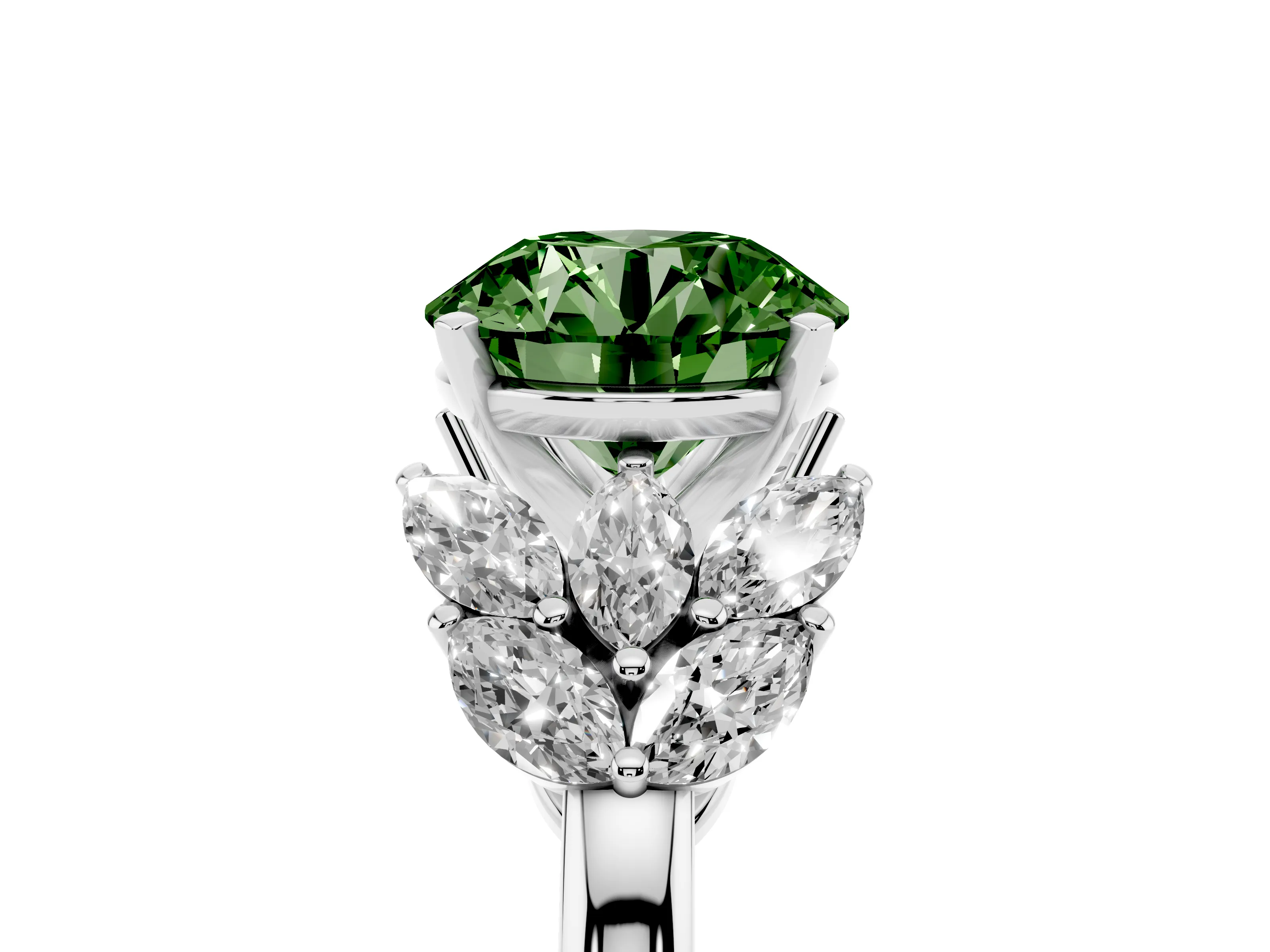 Fancy Green Round Cut Diamond Cluster Leaf Design Ring Set in Silver with Prong Setting