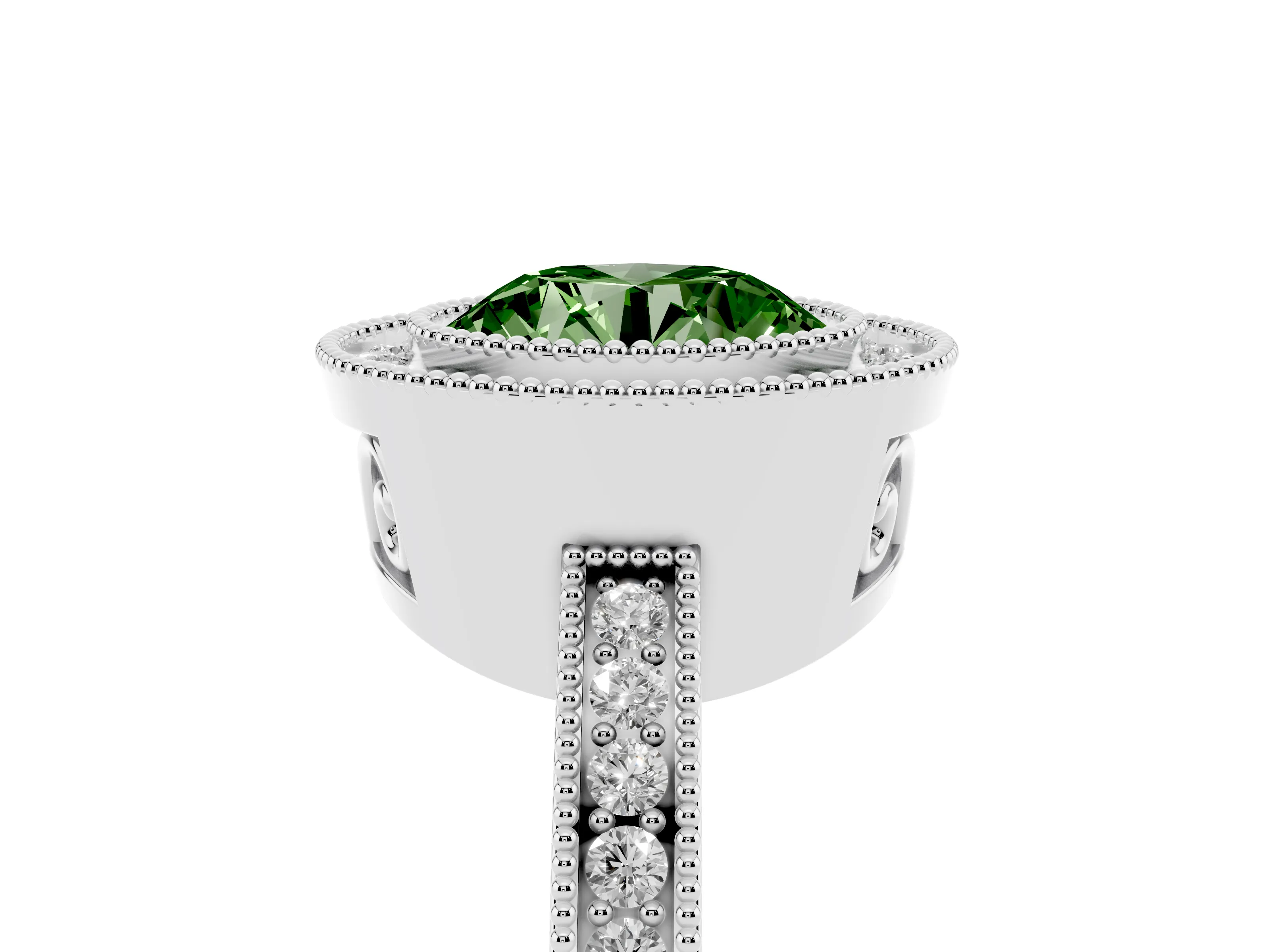 Fancy Green Round Cut Diamond Halo Ring Set in White gold with Pavé Band and Milgrain-Edged Prongs