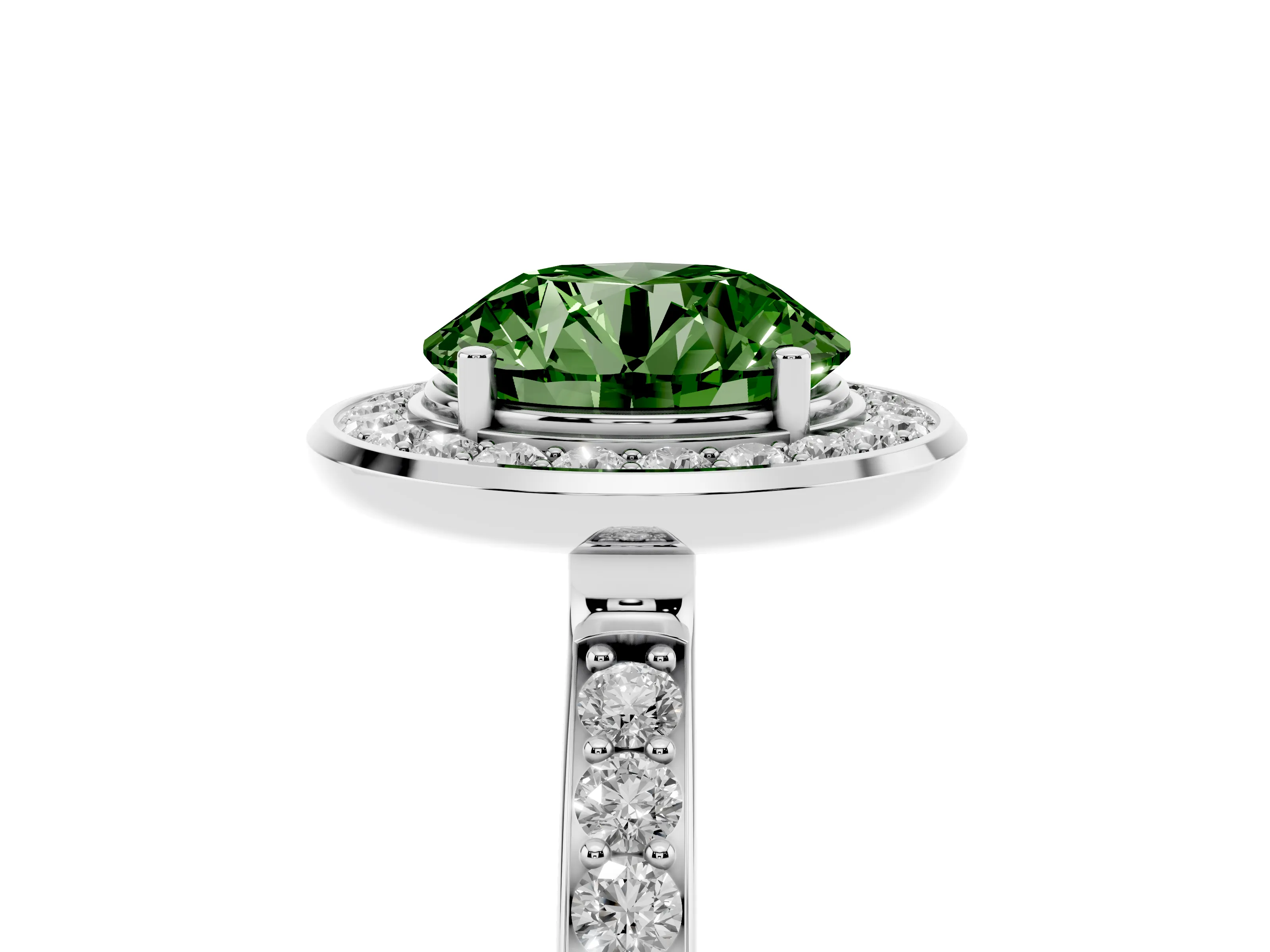 Fancy Green Round Cut Diamond Halo Ring Set in Silver with Bezel Frame and Pavé Band