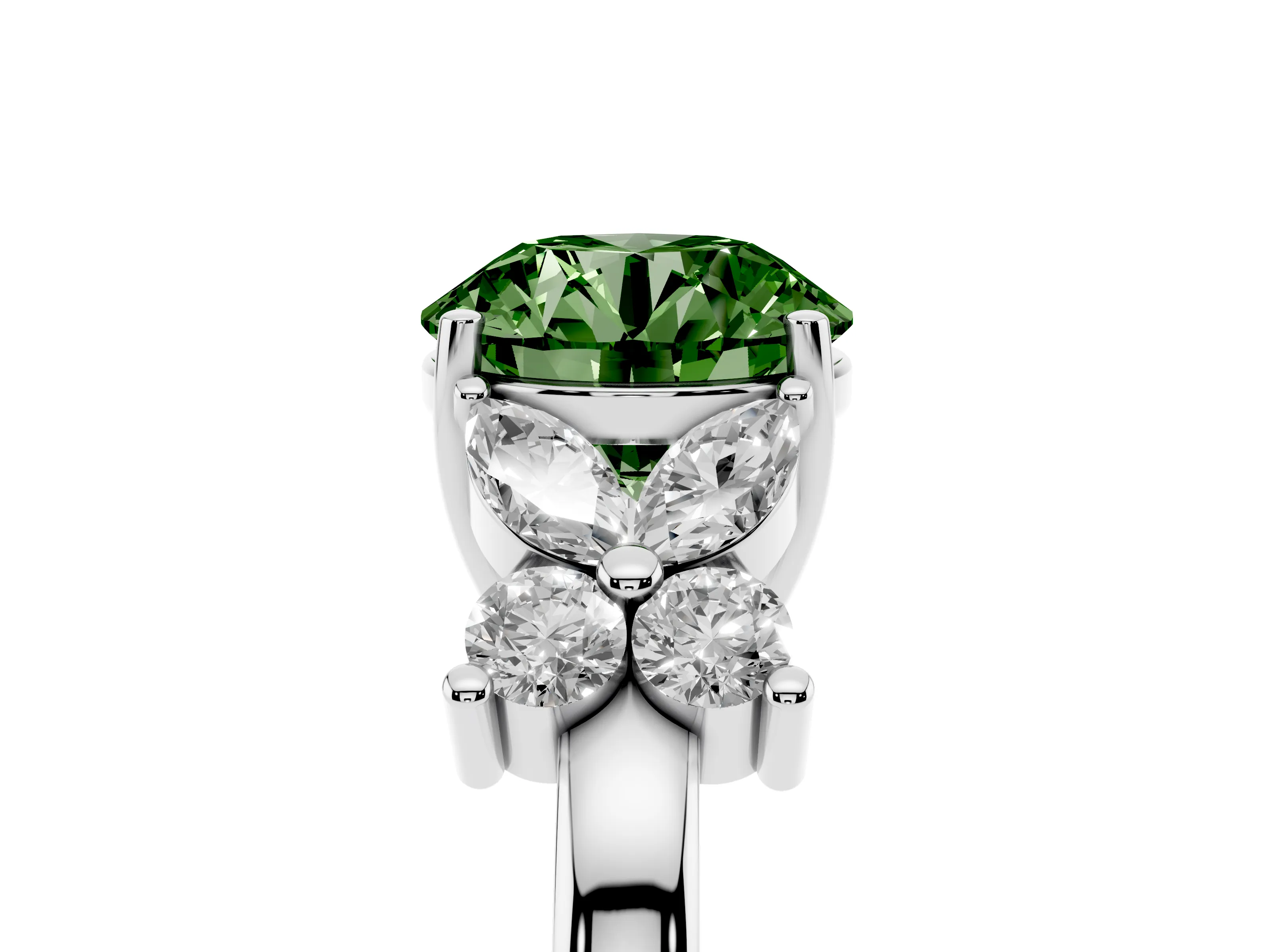 Fancy Green Round Cut Diamond Floral Cluster Ring Set in Platinum with Marquise Petals and Prong Setting