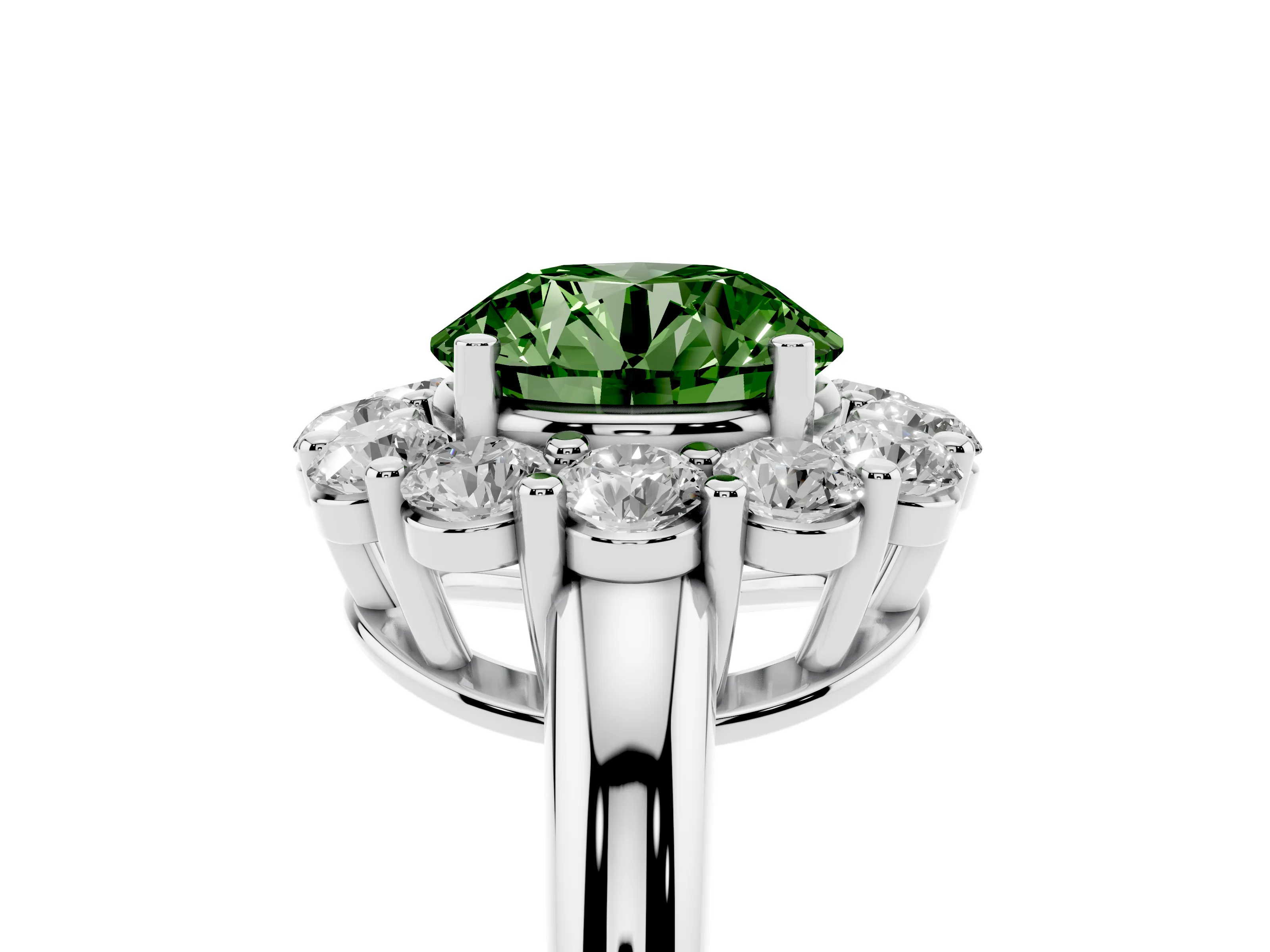 Fancy Green Round Cut Diamond Halo Cluster Engagement Ring Set in White gold with Polished Band and Prong Setting