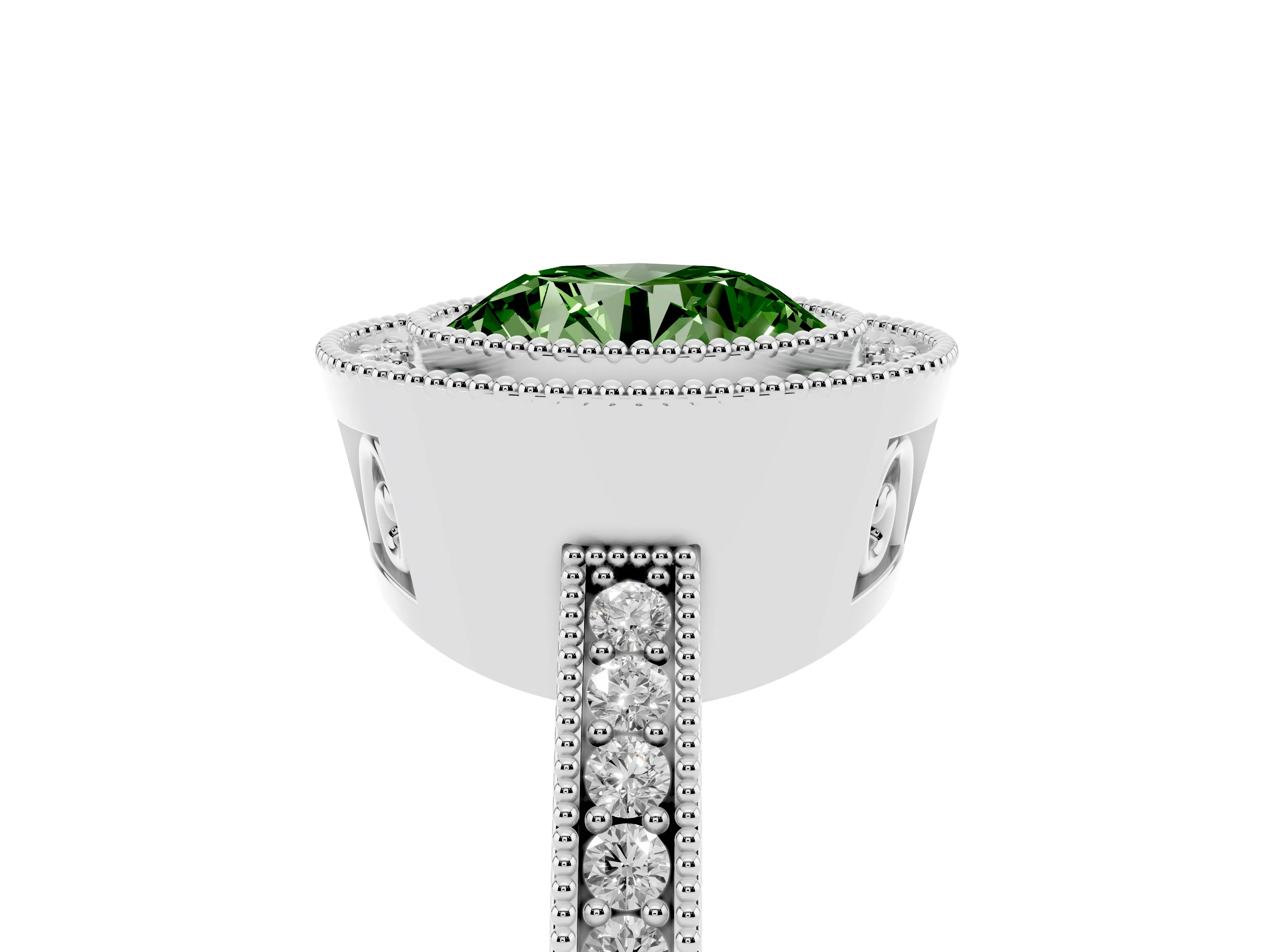 Fancy Green Round Cut Diamond Round Halo Ring Set in White gold with Pavé Band