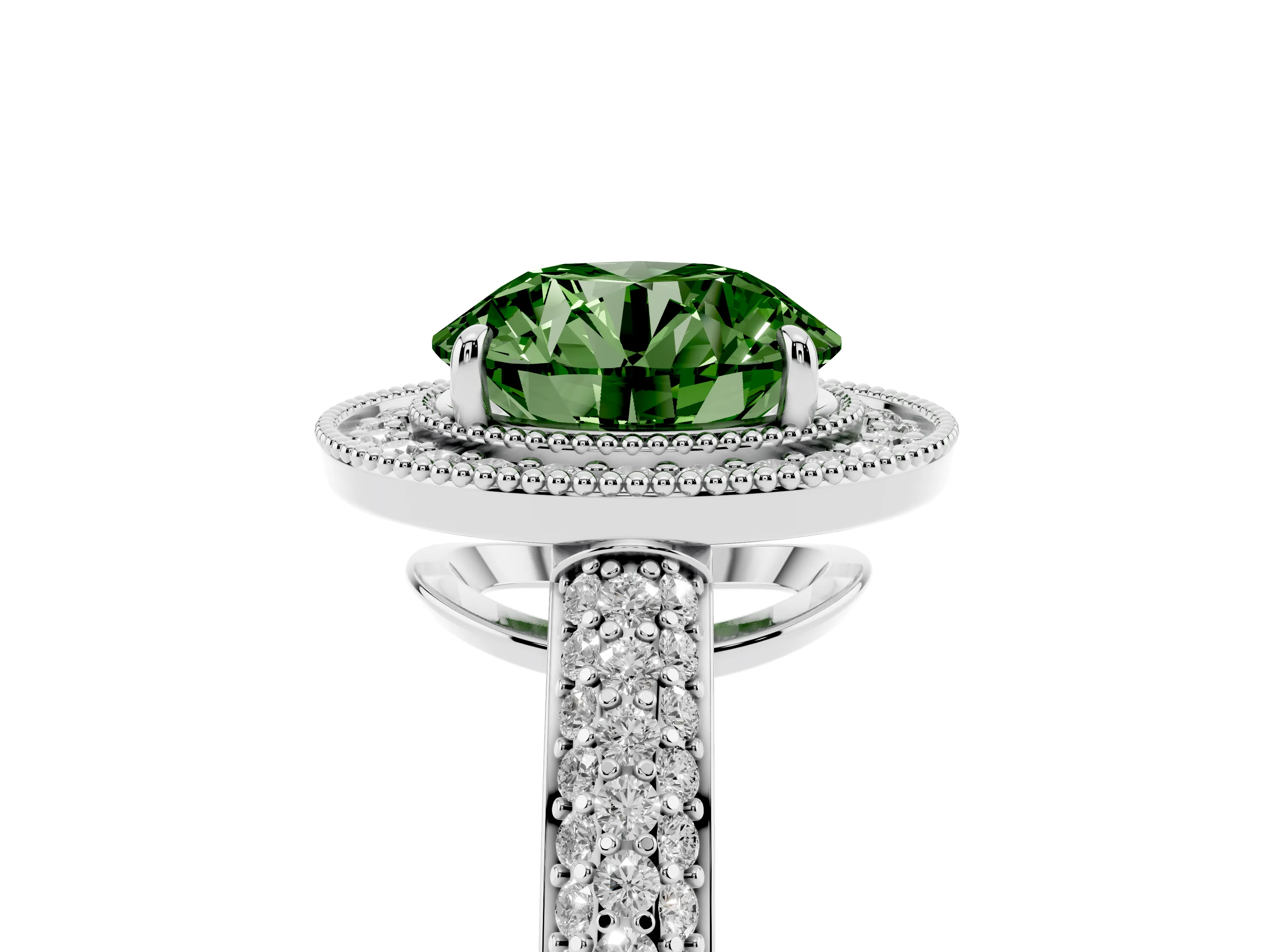 Fancy Green Round Cut Diamond Halo Pavé Band Set in White gold with Prong Setting
