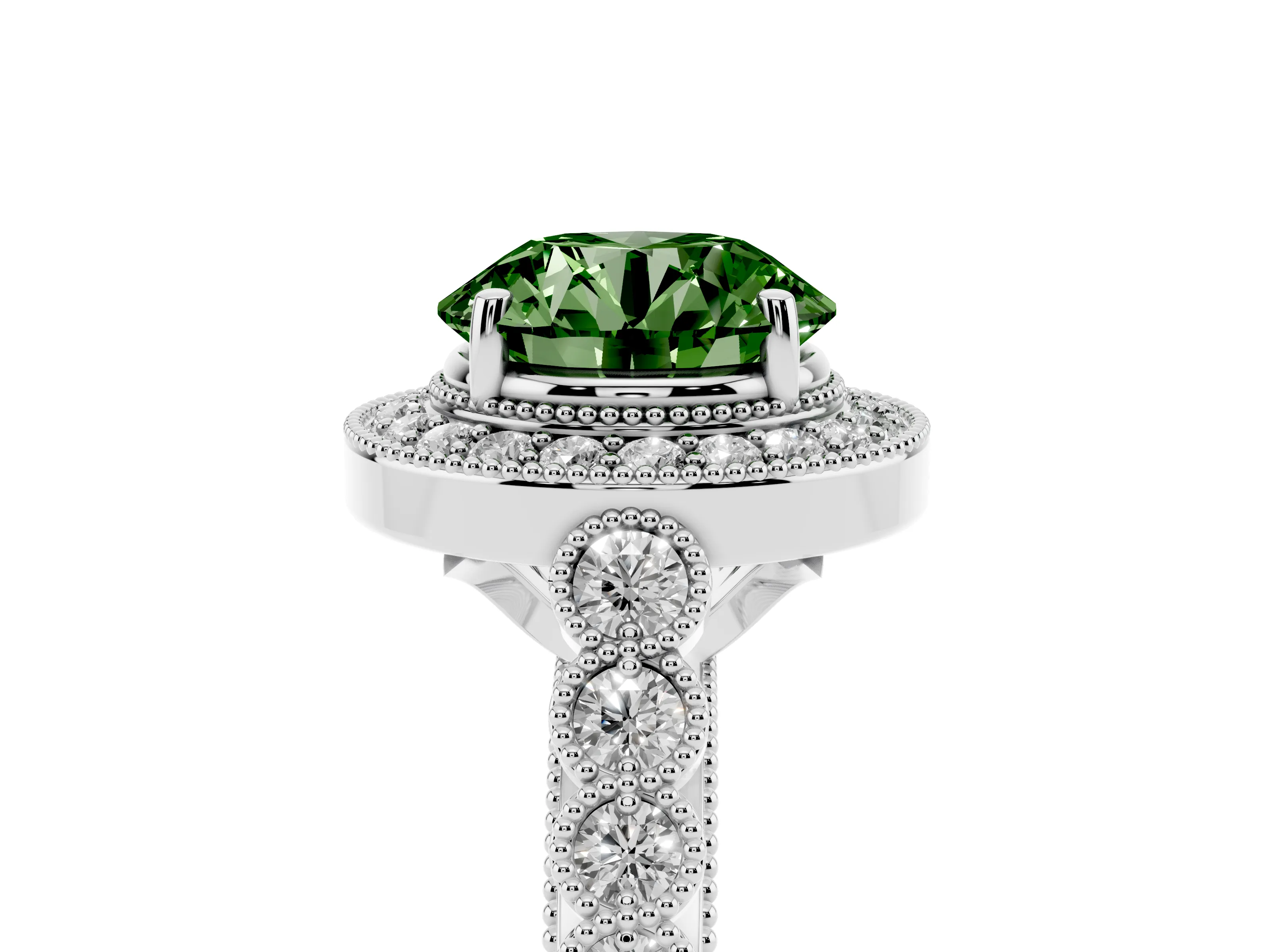Fancy Green Round Cut Diamond Milgrain Halo Solitaire Ring Set in White gold with Bezel Set Side Stones and Pavé Band