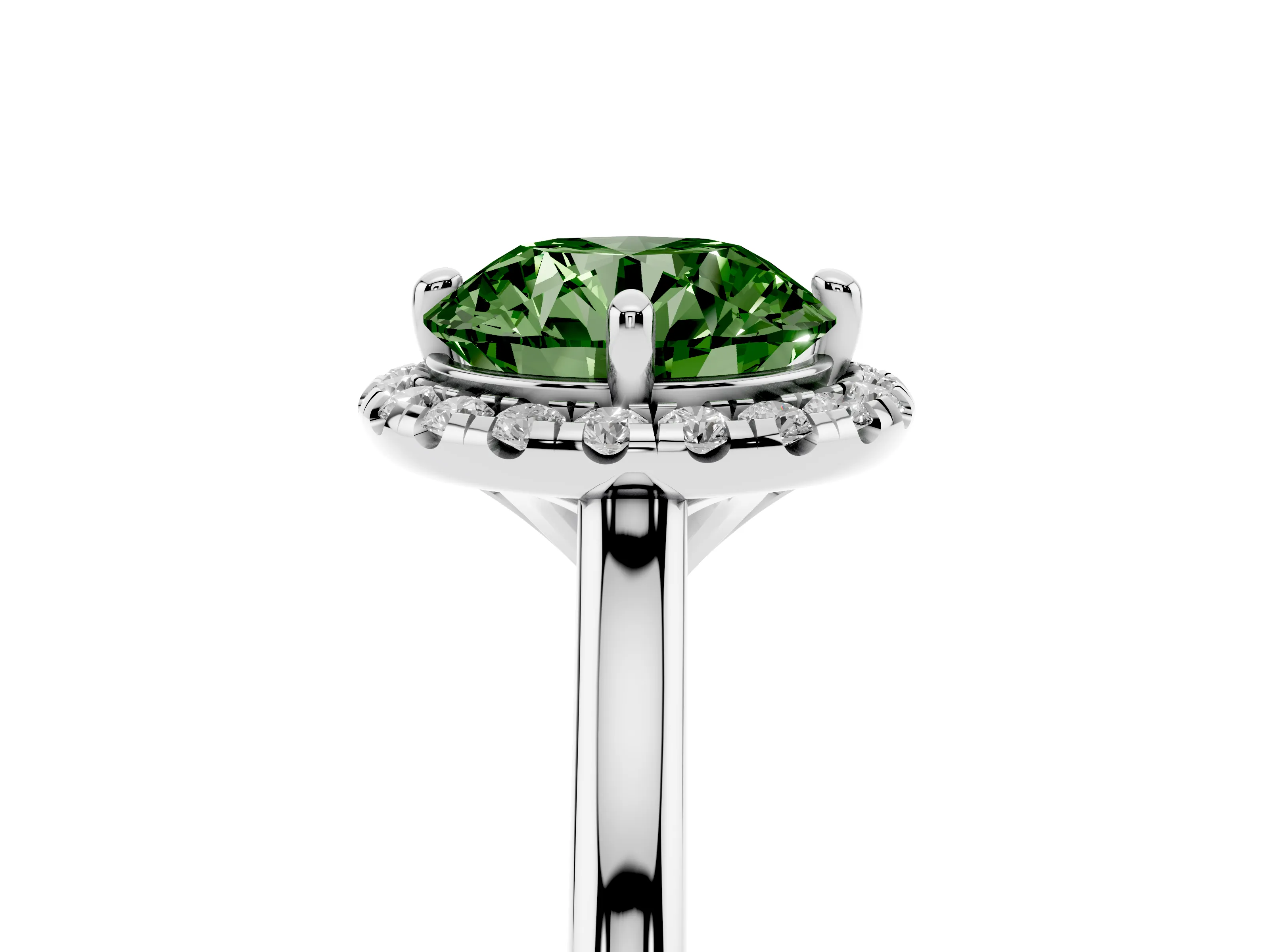 Fancy Green Round Cut Diamond Halo Engagement Ring Set in Platinum with Pavé Band and Rising Shoulders