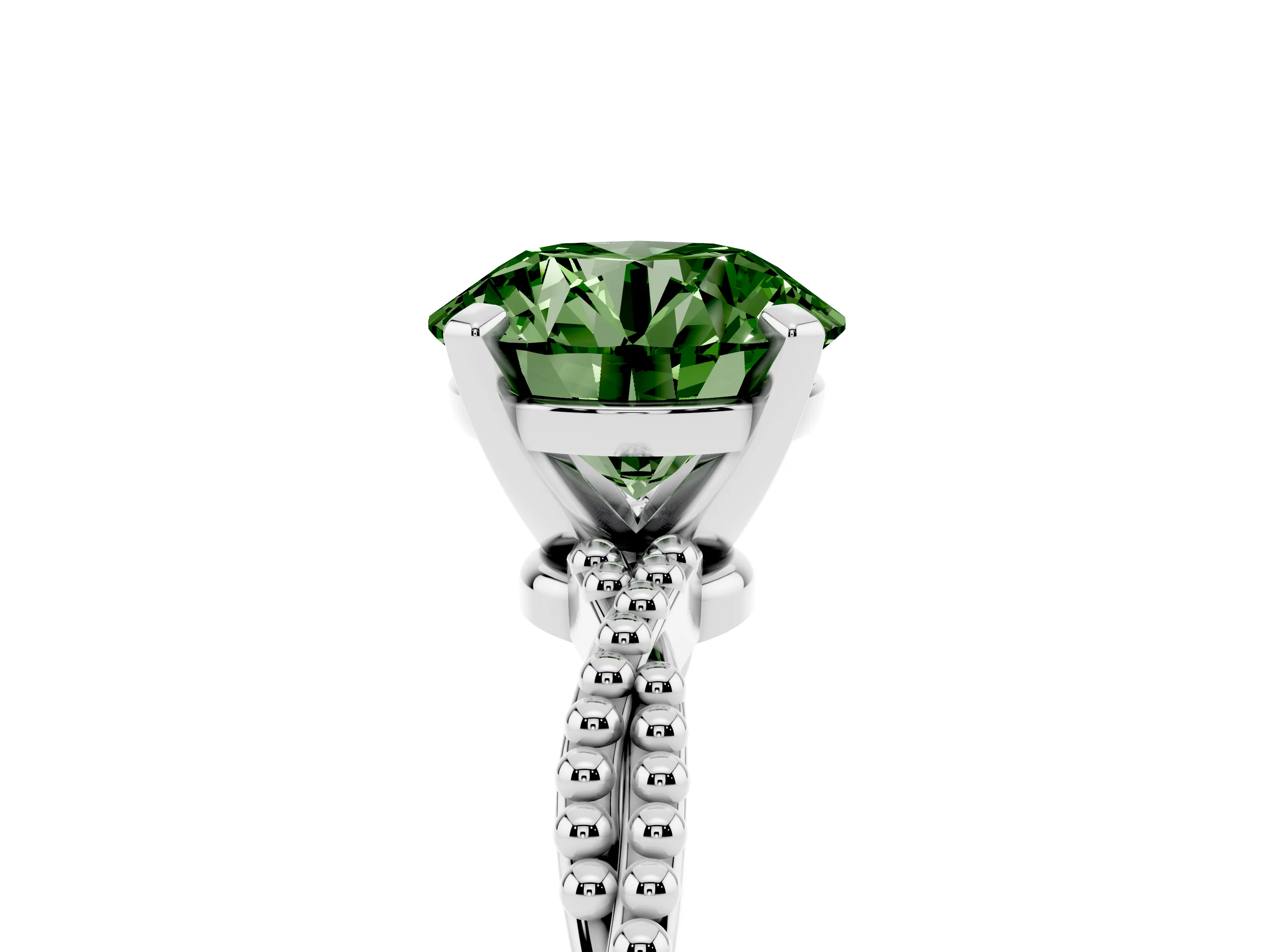Fancy Green Round Cut Diamond Solitaire Ring Set in White gold with Twisted Band and Bead Prong Setting