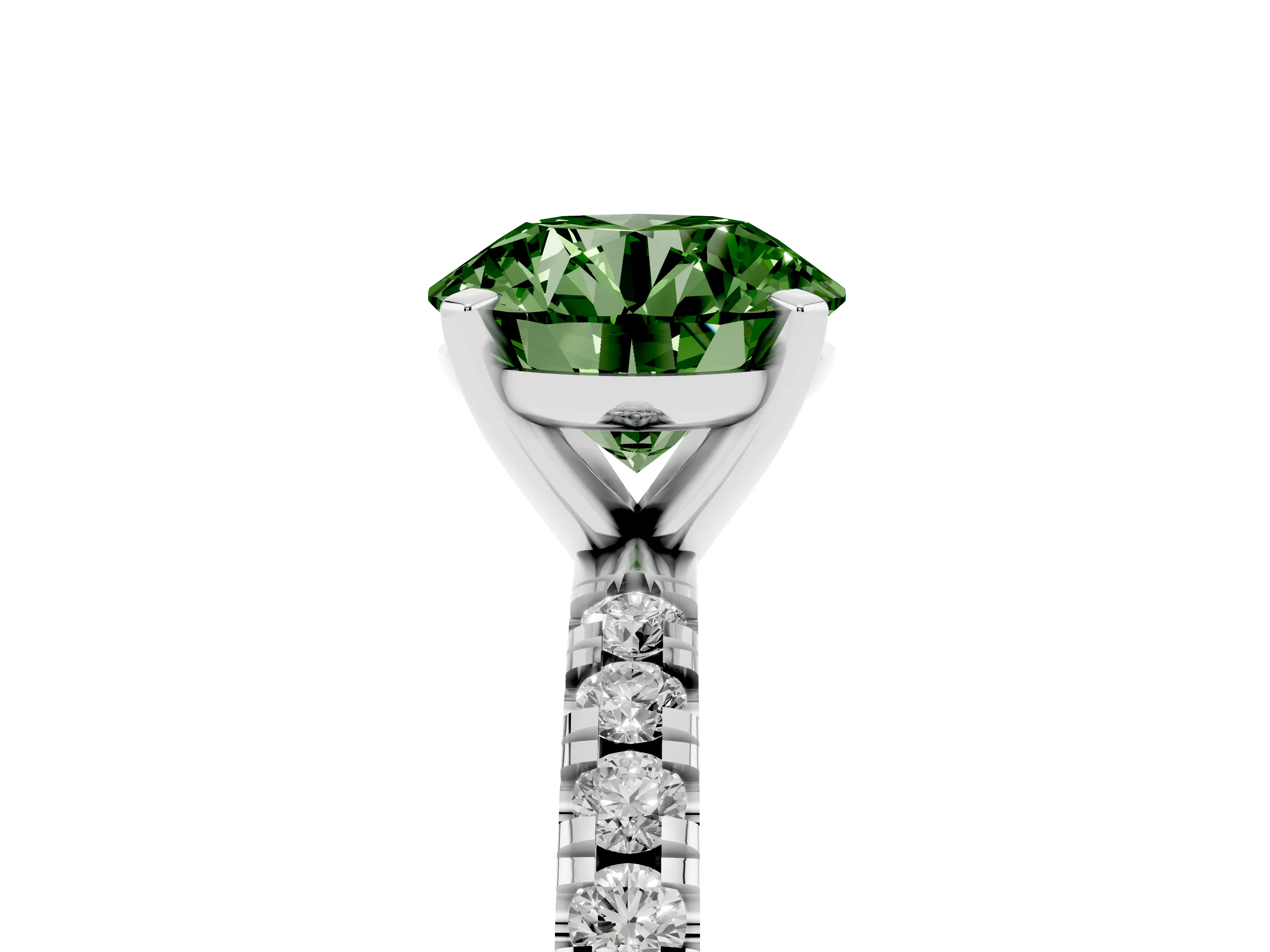 Fancy Green Round Cut Diamond Pavé Band Solitaire Set in Silver with Prong Setting