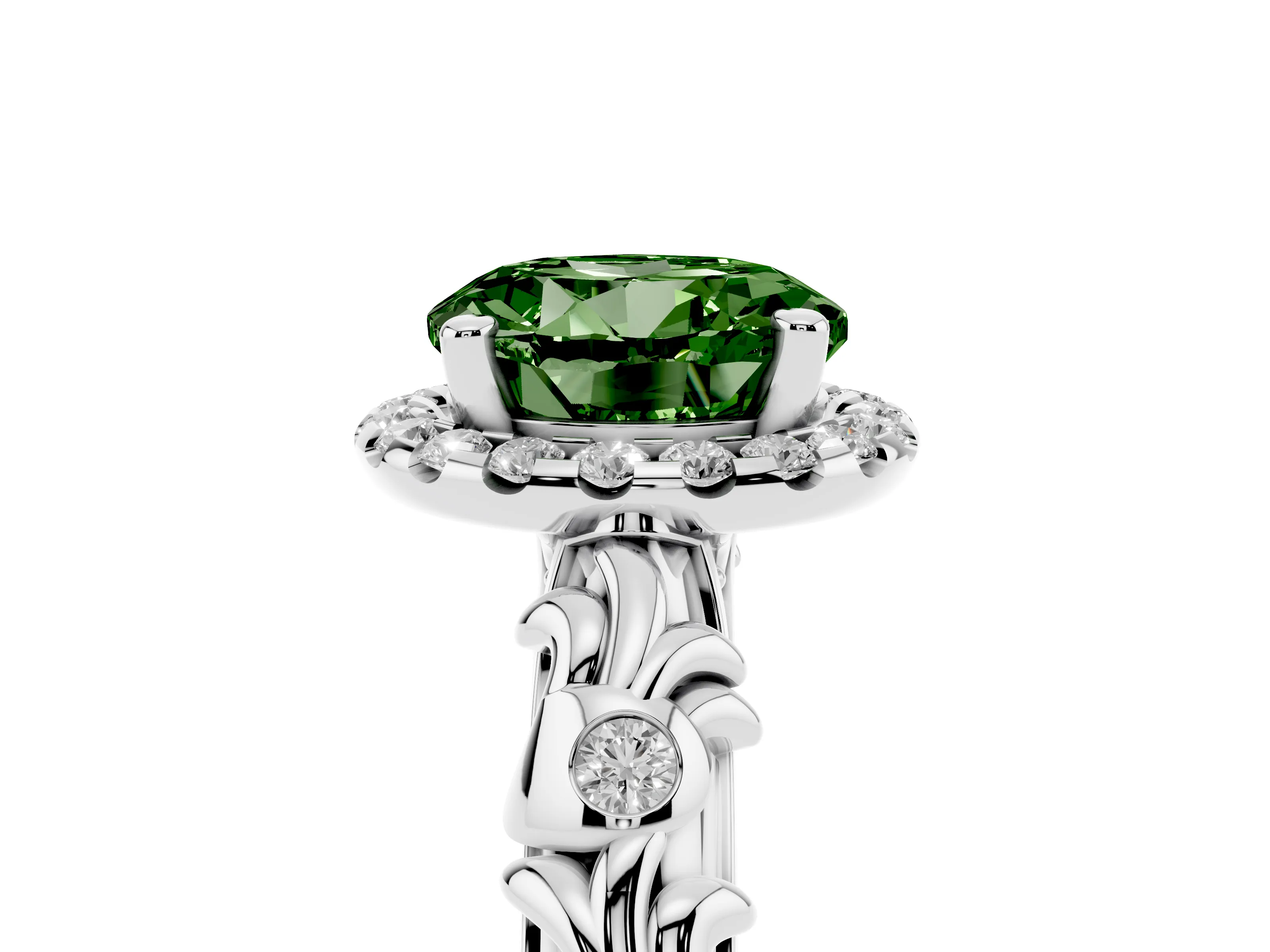 Fancy Green Round Cut Diamond Halo Ring Set in Platinum with Filigree Leaf Band and Prong Setting