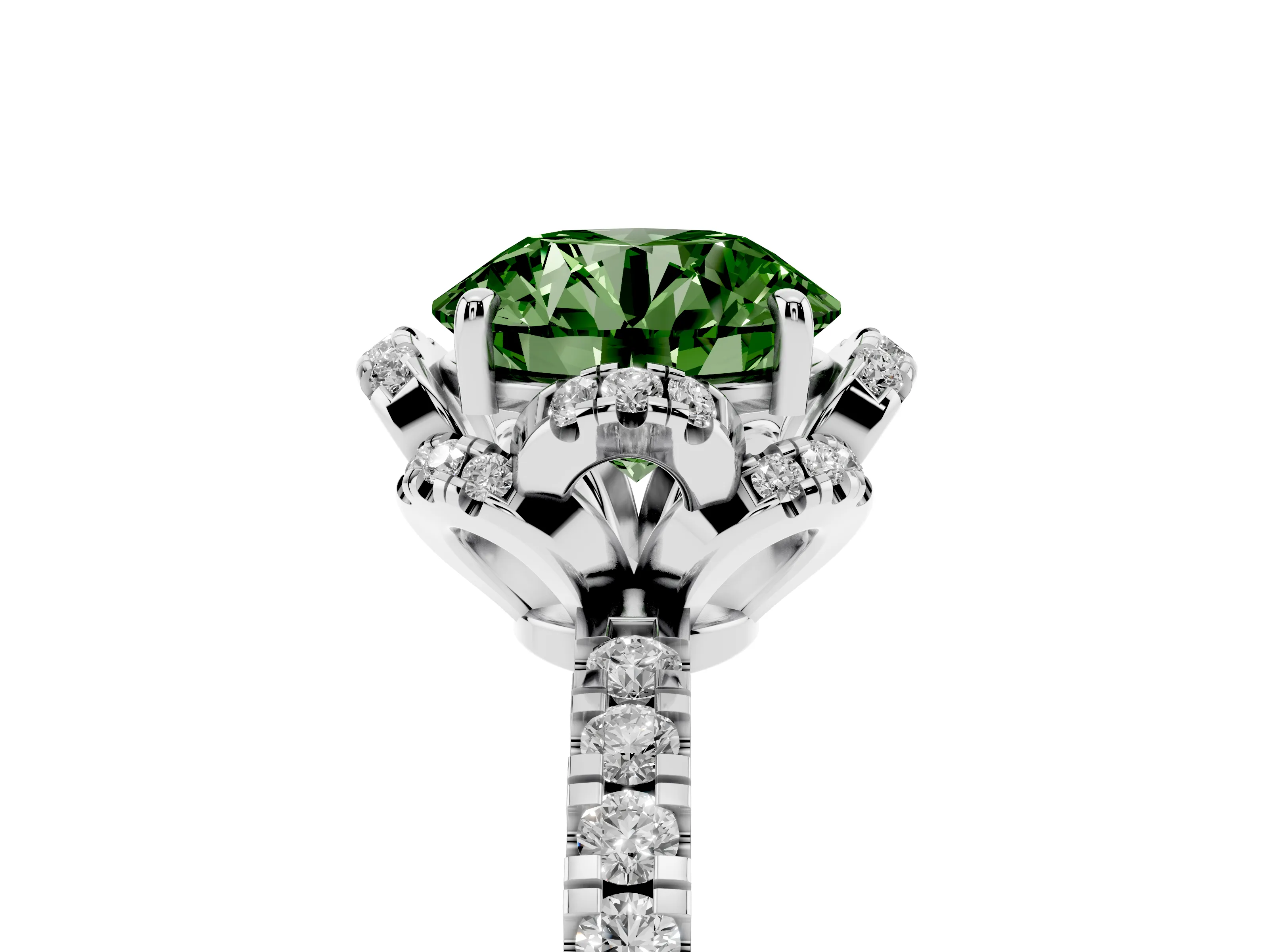Fancy Green Round Cut Diamond Halo Pavé Band Ring Set in White gold with Prong-Held Center