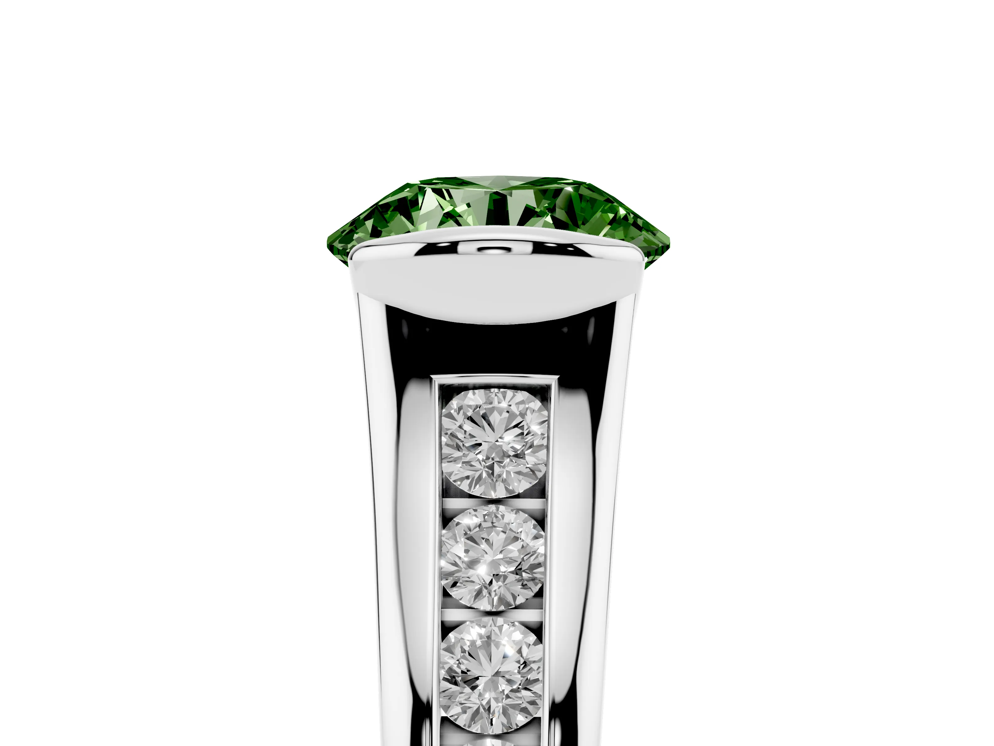 Fancy Green Round Cut Diamond Bezel-Set Solitaire Ring Set in White gold with Channel-Set Band