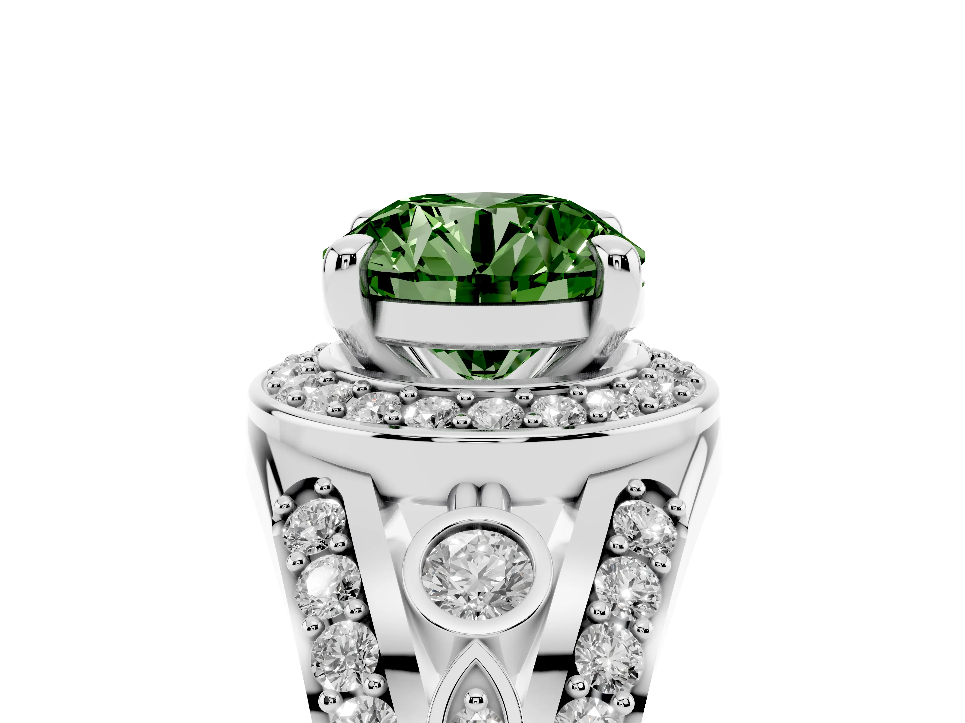 Fancy Green Round Cut Diamond Halo Ring Set in Silver with Pavé Split Shank and Bezel Accents