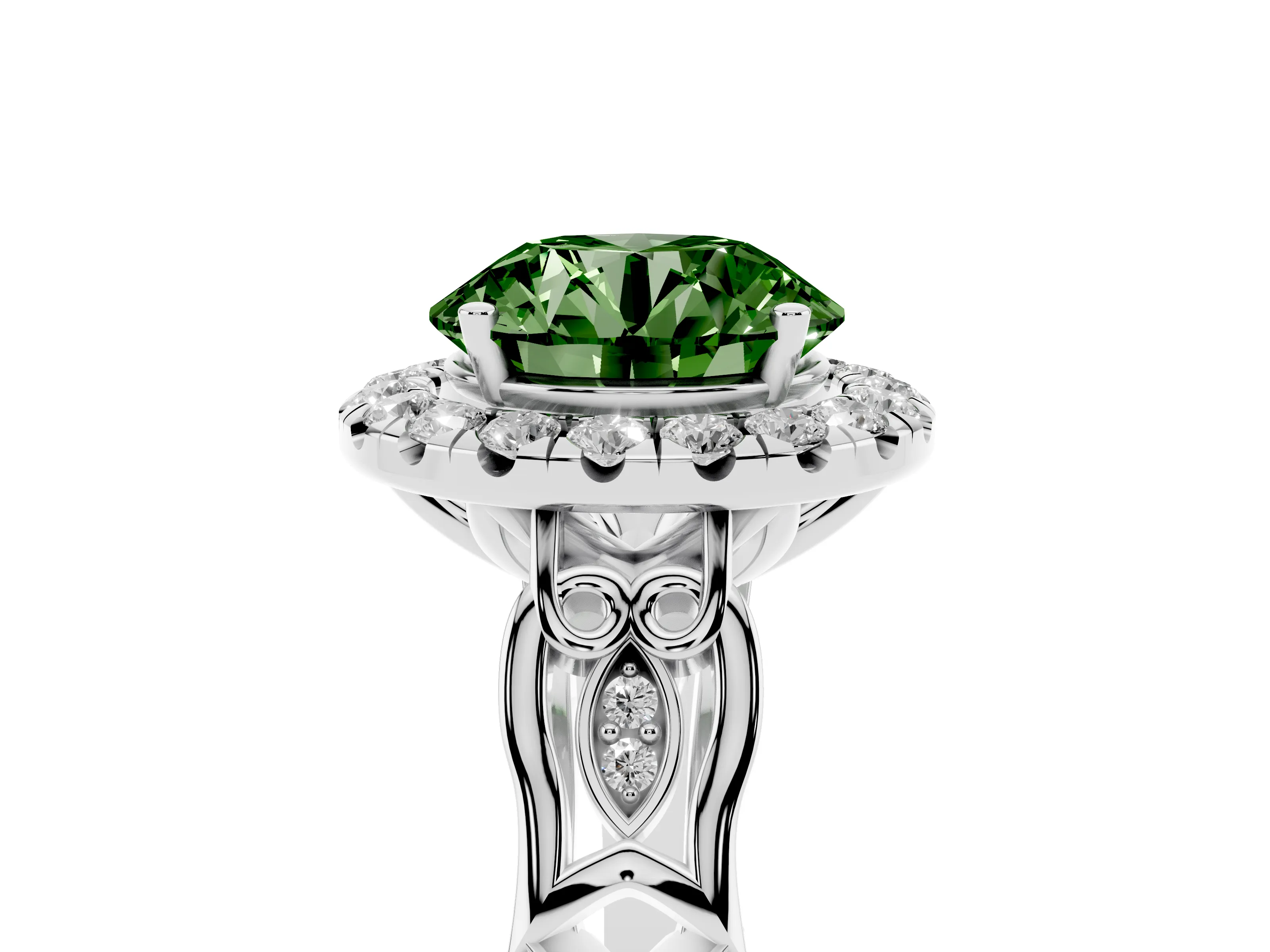 Fancy Green Round Cut Diamond Halo Engagement Ring Set in Silver with Filigree Band and Prong-Set Center