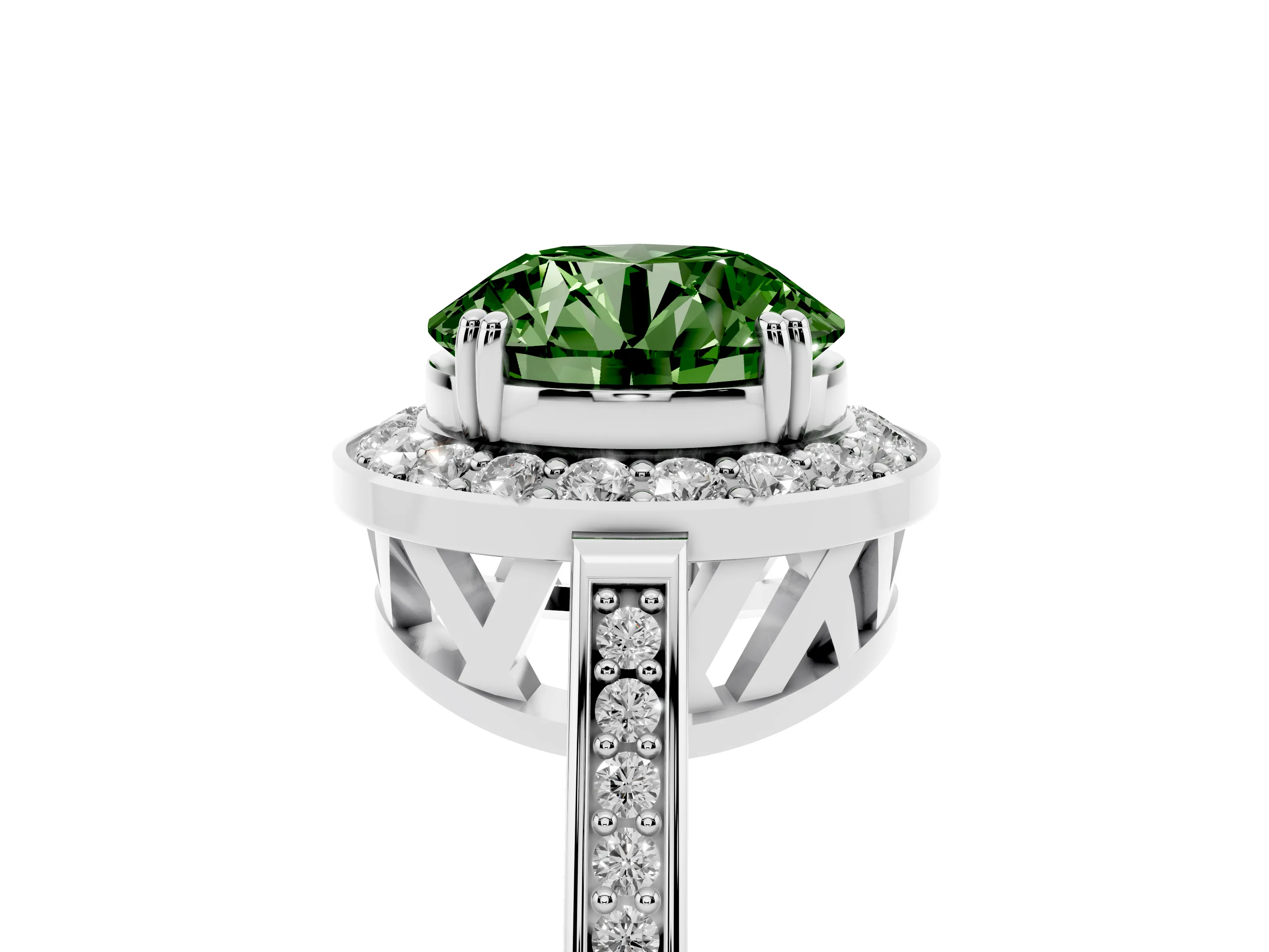 Fancy Green Round Cut Diamond Halo Ring Set in Silver with Accent-Lined Split Shank and Prong Setting