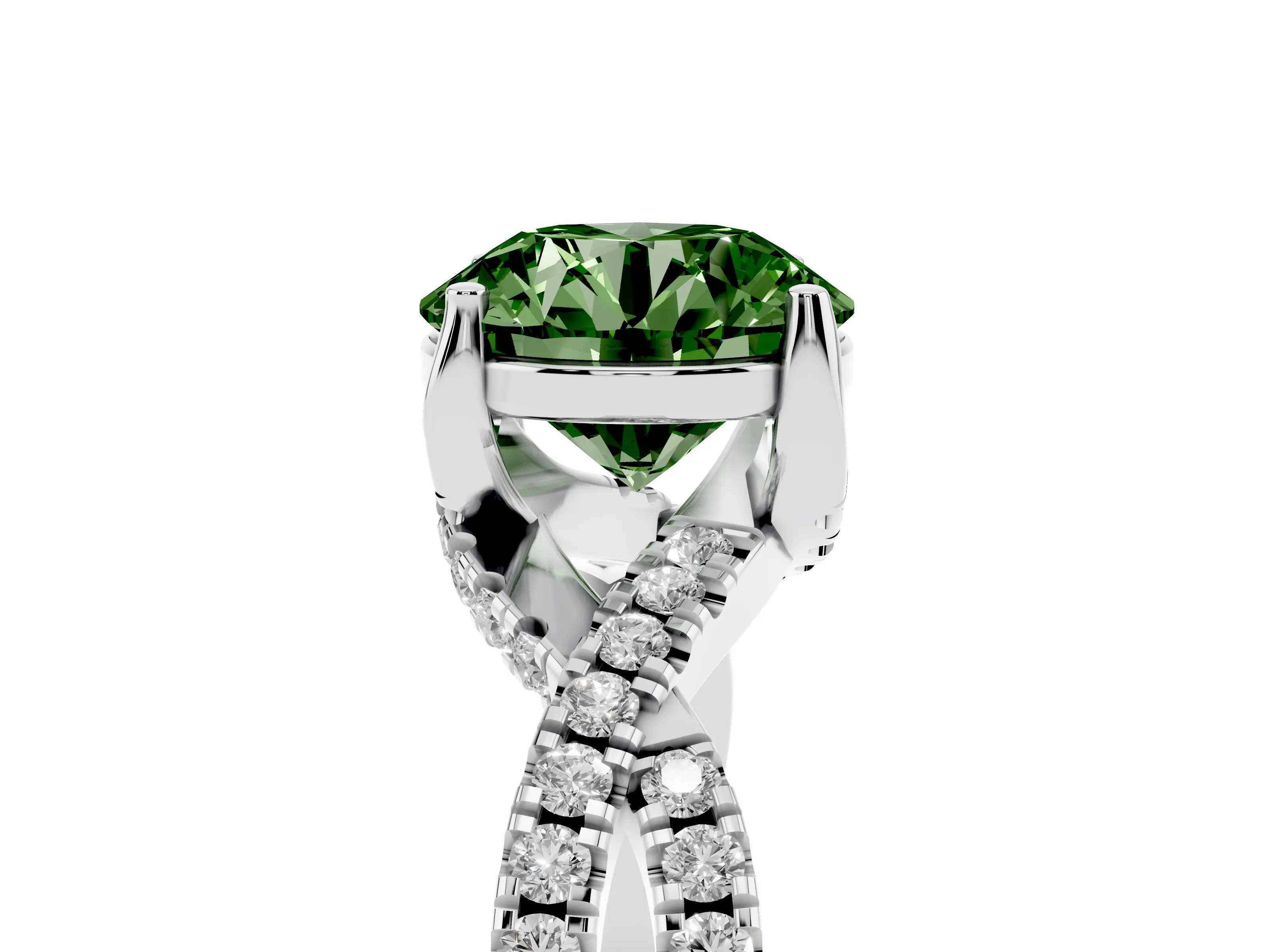 Fancy Green Round Cut Diamond Twist Pavé Solitaire Engagement Ring Set in Silver with Prong Setting