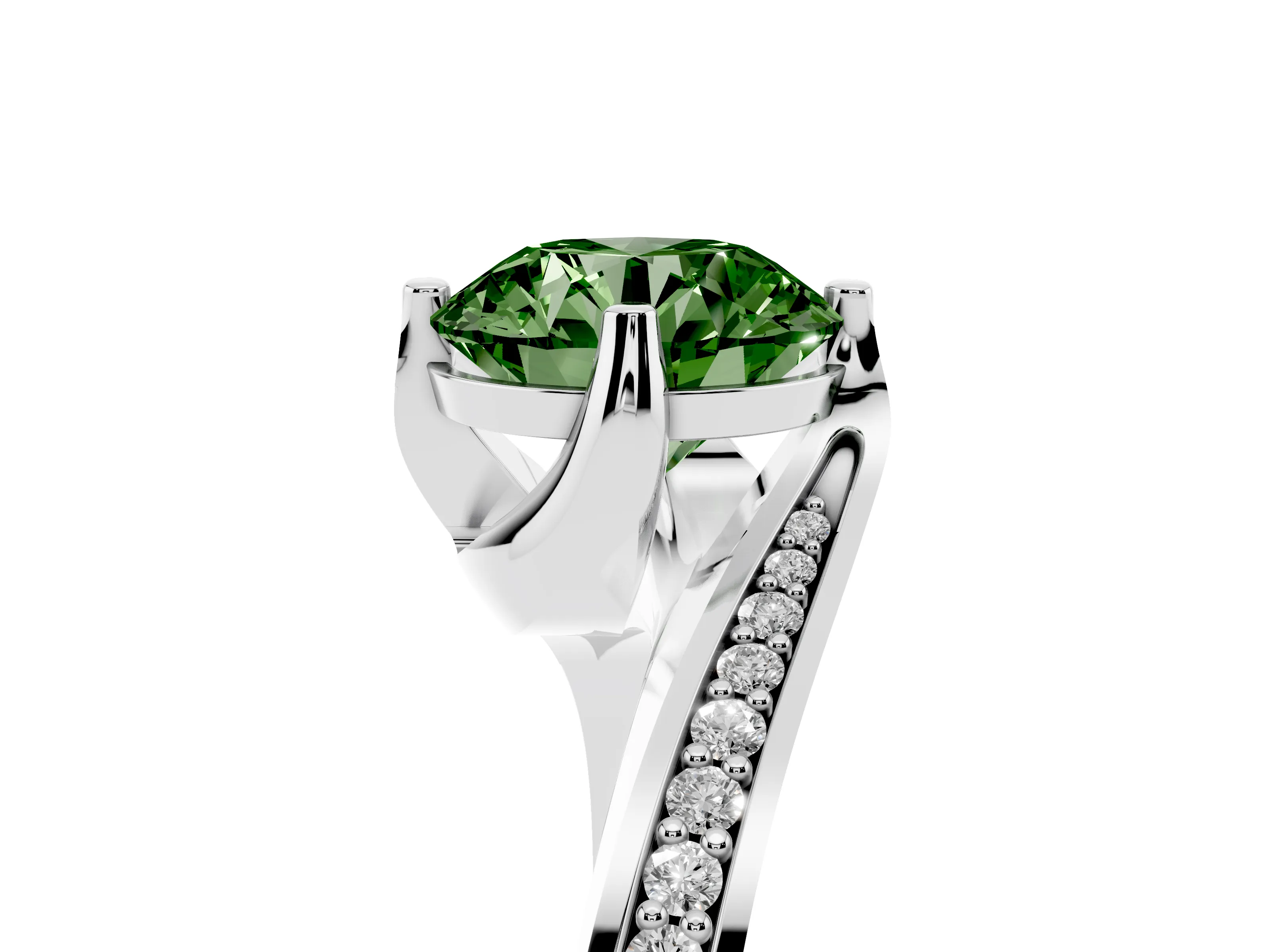 Fancy Green Round Cut Diamond Solitaire Ring Set in White gold with Intertwined Pavé Twist Band